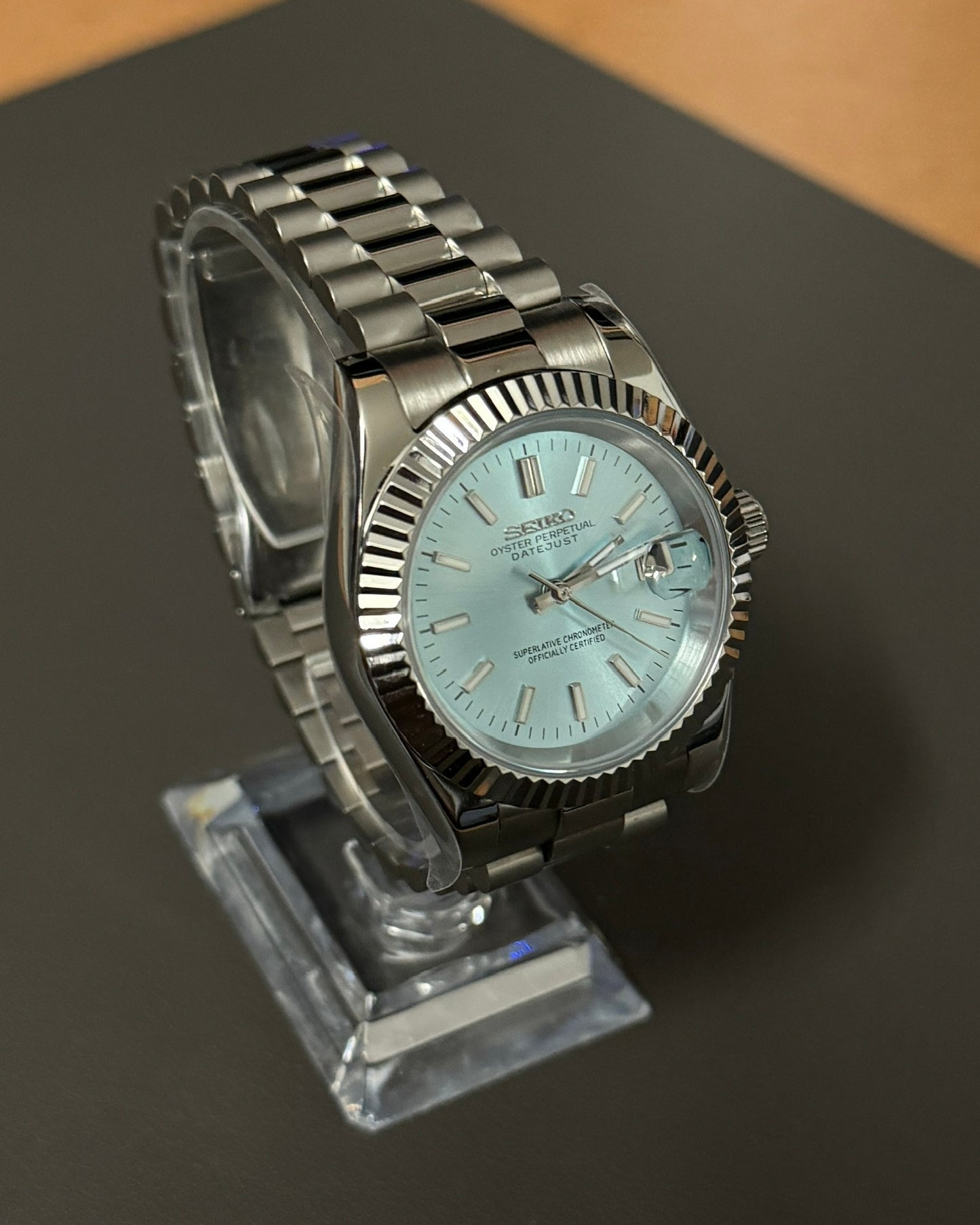 DateJust: Stainless Steel Ice Blue Dial Stick Markers w/ Presidential Bracelet