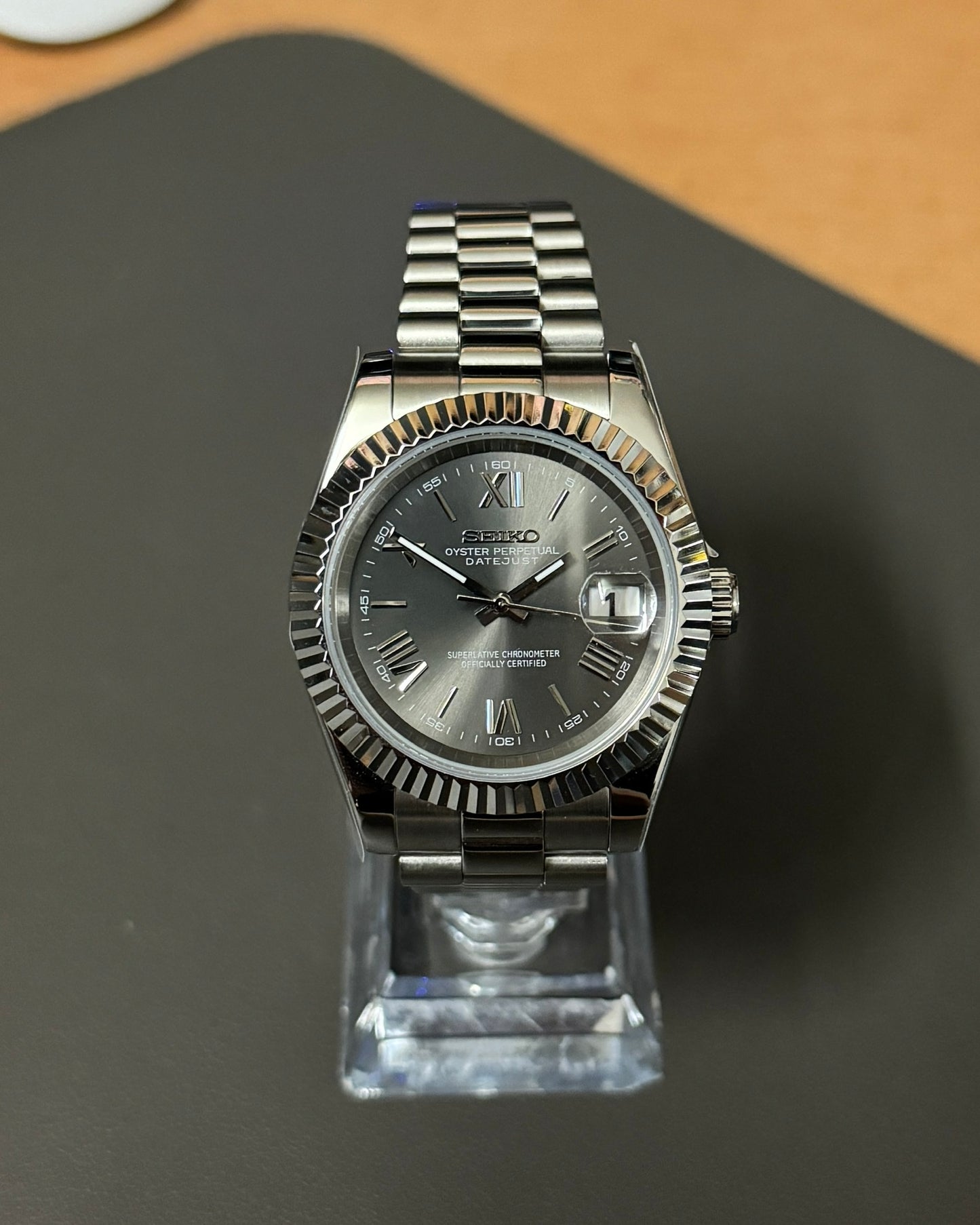DateJust: Stainless Steel Grey Dial Roman Markers w/ Presidential Bracelet