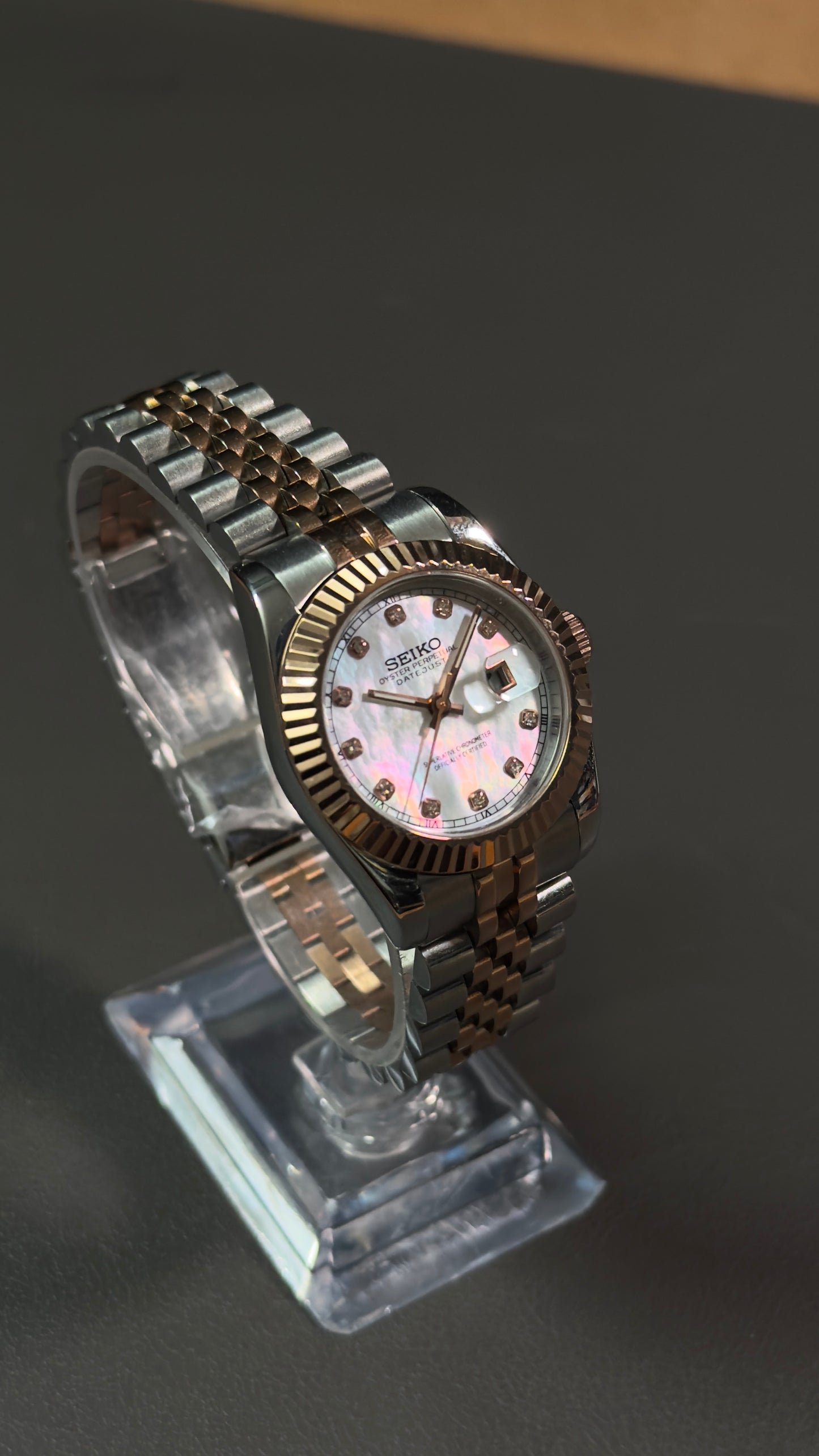 Seiko Mod Lady DateJust: Two-Tone Rose Gold Mother of Pearl Dial Gem Markers w/ Jubilee Bracelet