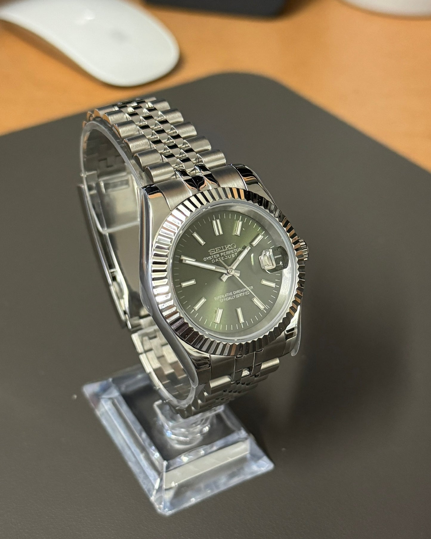 DateJust: Stainless Steel Olive Green Dial Stick Markers w/ Jubilee Bracelet