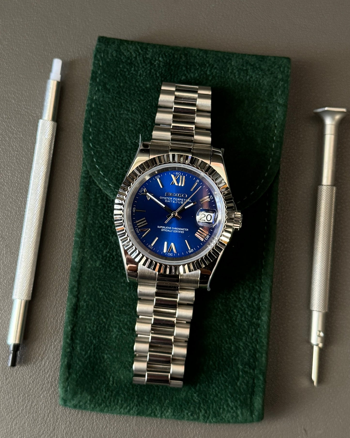 DateJust: Stainless Steel Blue Dial Roman Markers w/ Presidential Bracelet