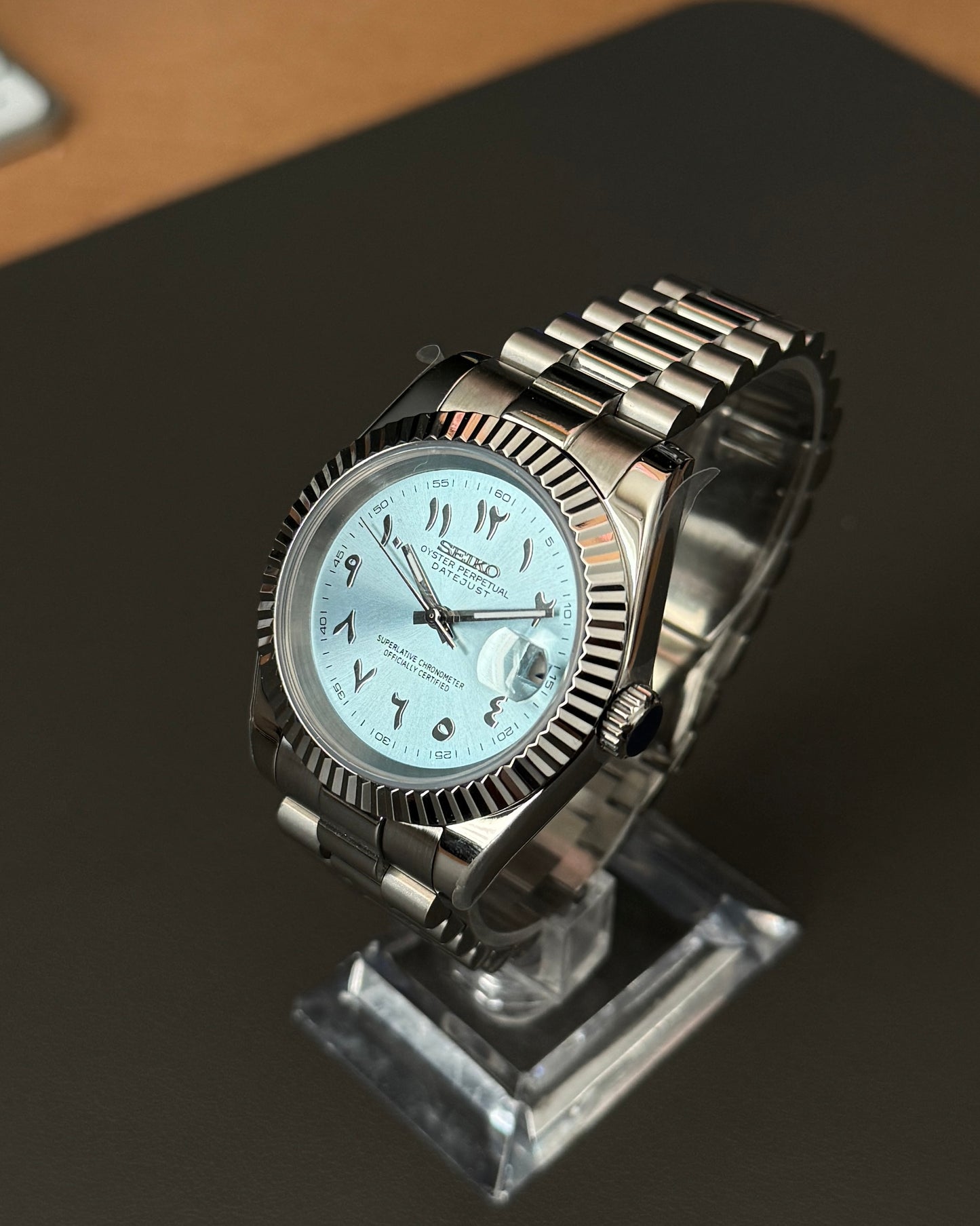 Seiko Mod DateJust: Stainless Steel Ice Blue Dial Arabic Markers w/ President Bracelet