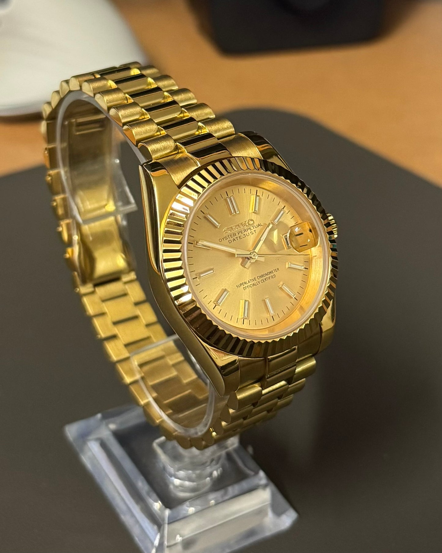 DateJust: Gold Champagne Dial Stick Markers w/ Presidential Bracelet