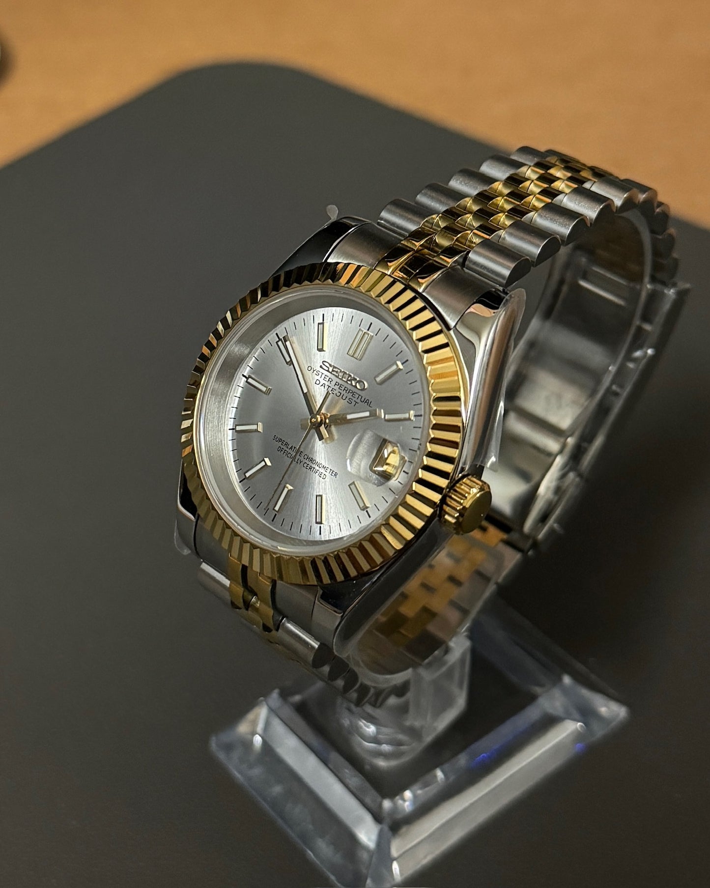 DateJust: Two-Tone Gold White Dial Stick Markers w/ Jubilee Bracelet