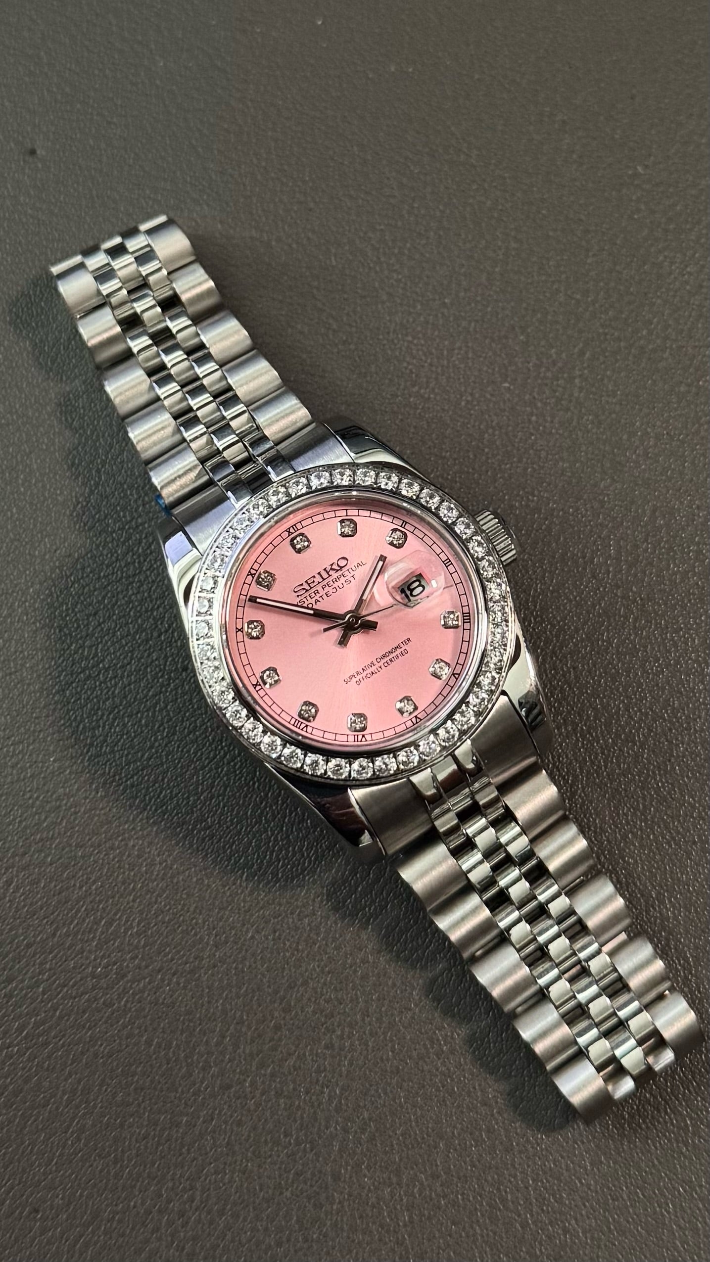 Lady DateJust: Stainless Steel Sunburst Pink Dial Gem Markers w/ Jubilee Bracelet