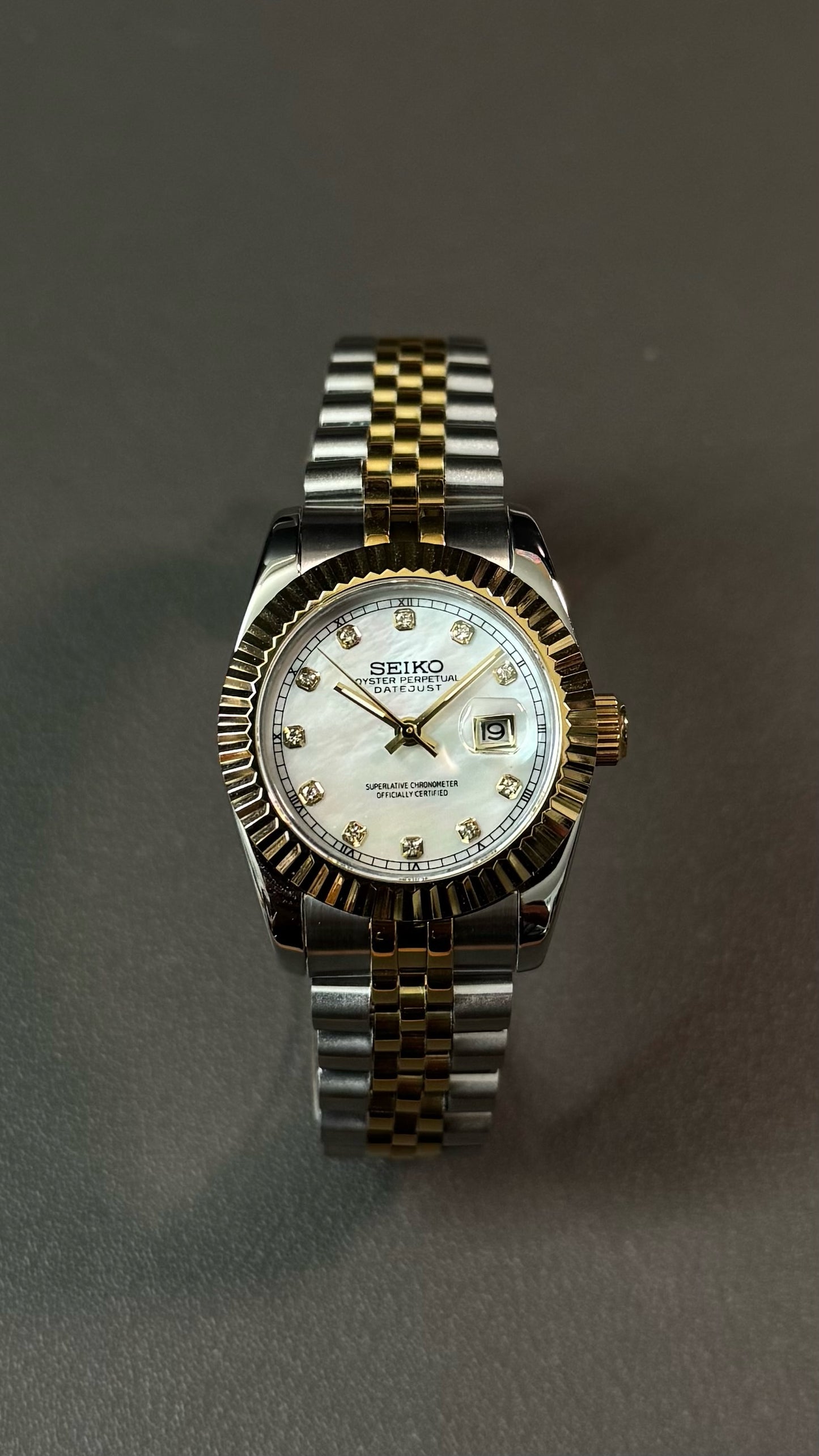 Lady DateJust: Two-Tone Gold Mother of Pearl Dial Gem Markers w/ Jubilee Bracelet