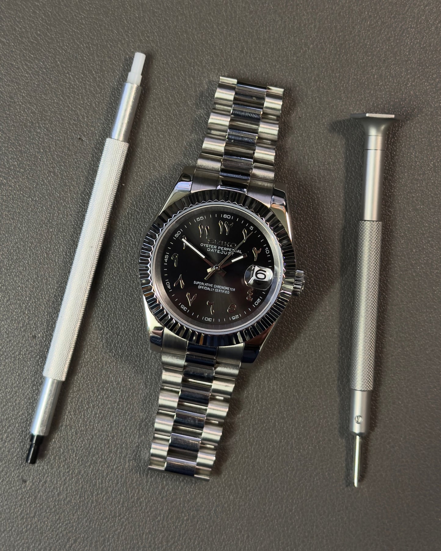 DateJust: Stainless Steel Black Dial Arabic Markers w/ Presidential Bracelet