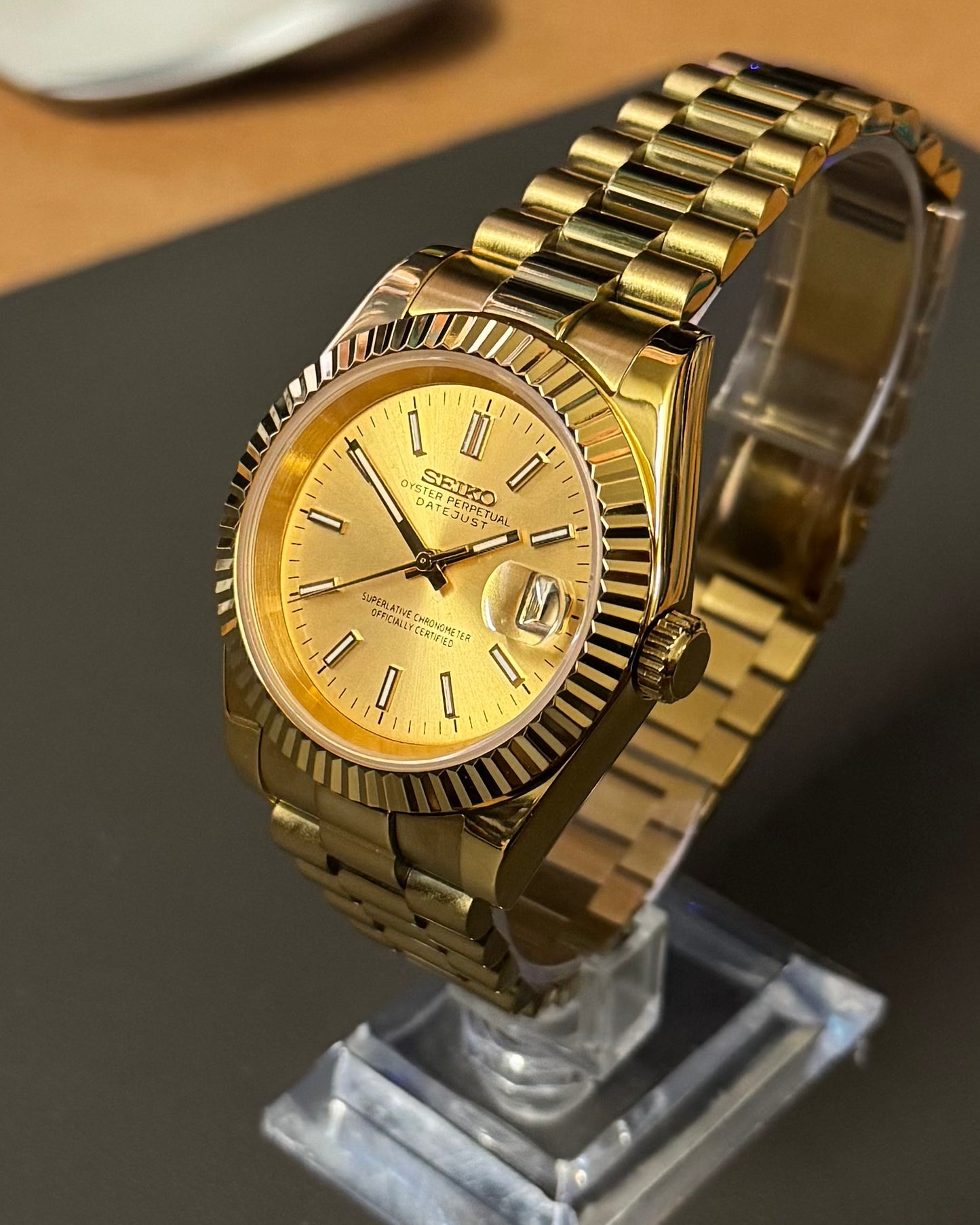 DateJust: Gold Champagne Dial Stick Markers w/ Presidential Bracelet