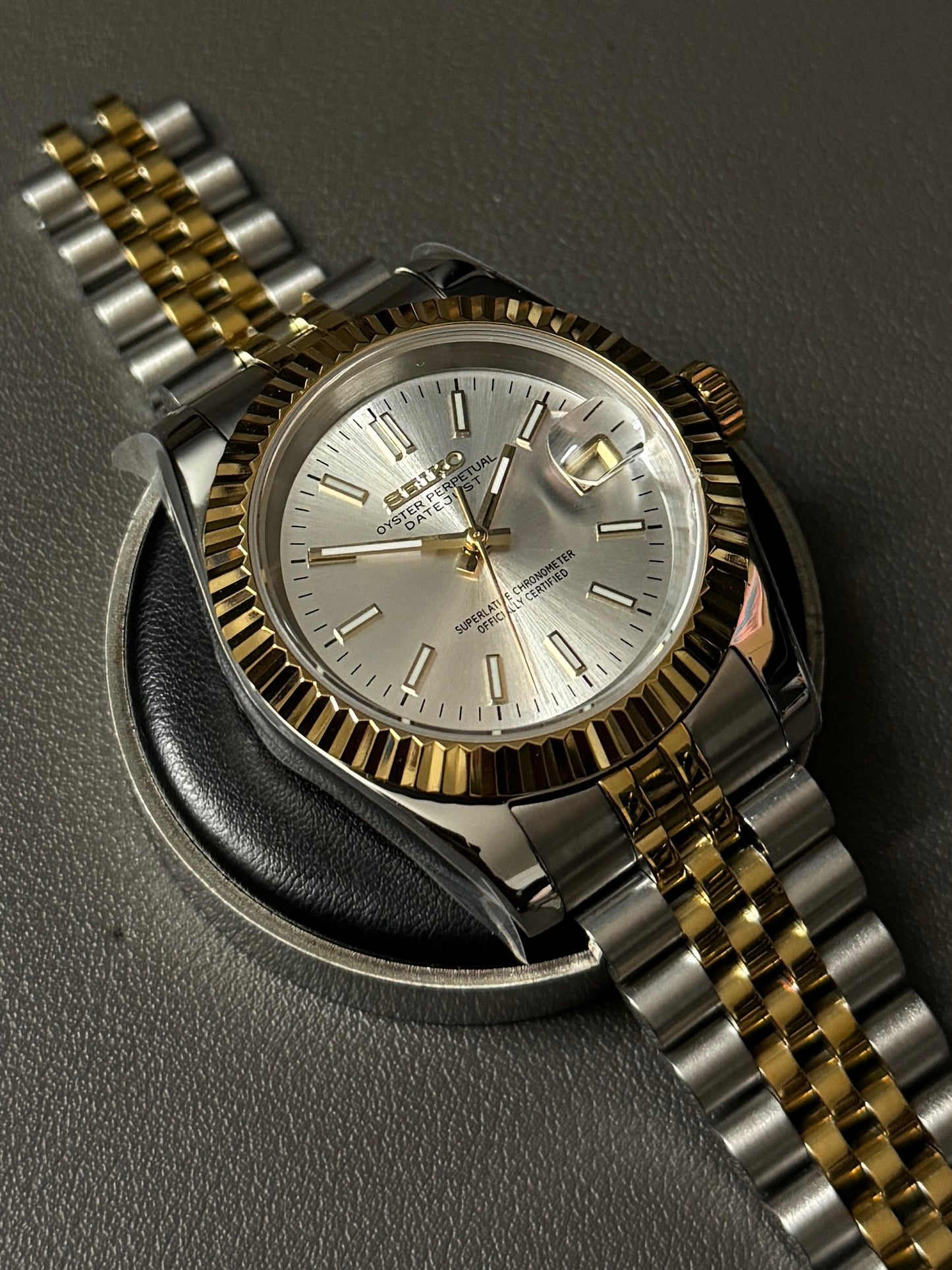 DateJust: Two-Tone Gold White Dial Stick Markers w/ Jubilee Bracelet