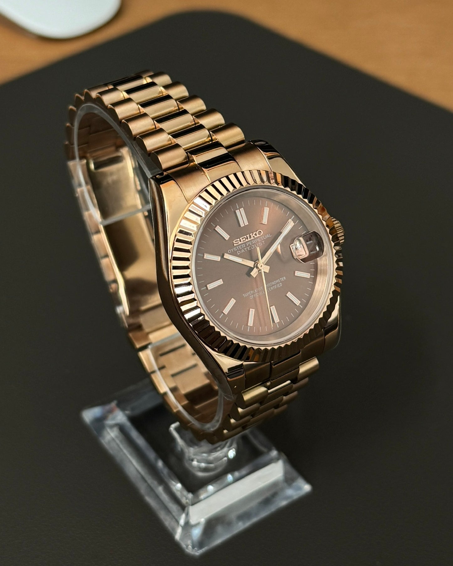 DateJust: Rose Gold Chocolate Dial Stick Markers w/ Presidential Bracelet