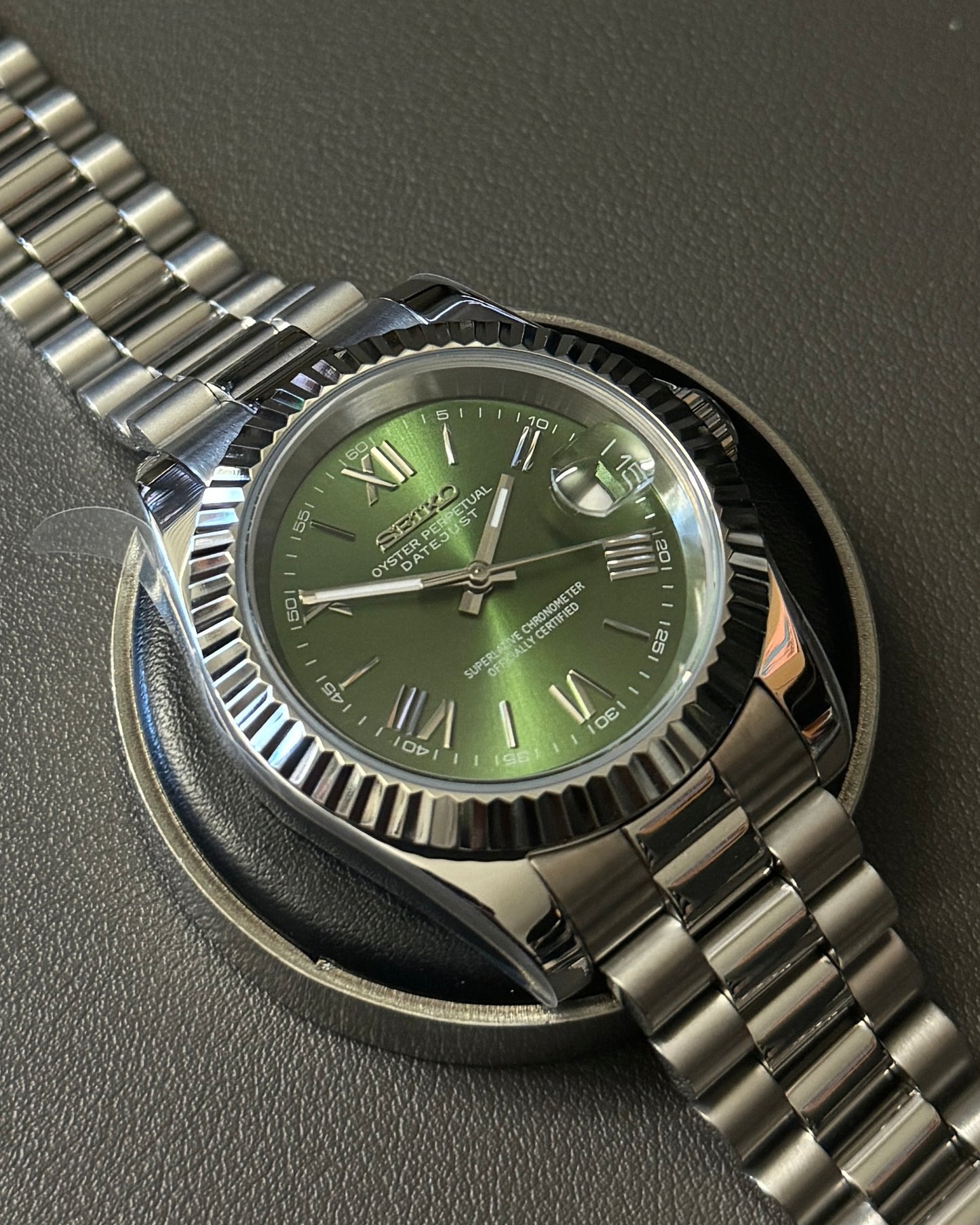 DateJust: Stainless Steel Green Olive Dial Roman Markers w/ Presidential Bracelet