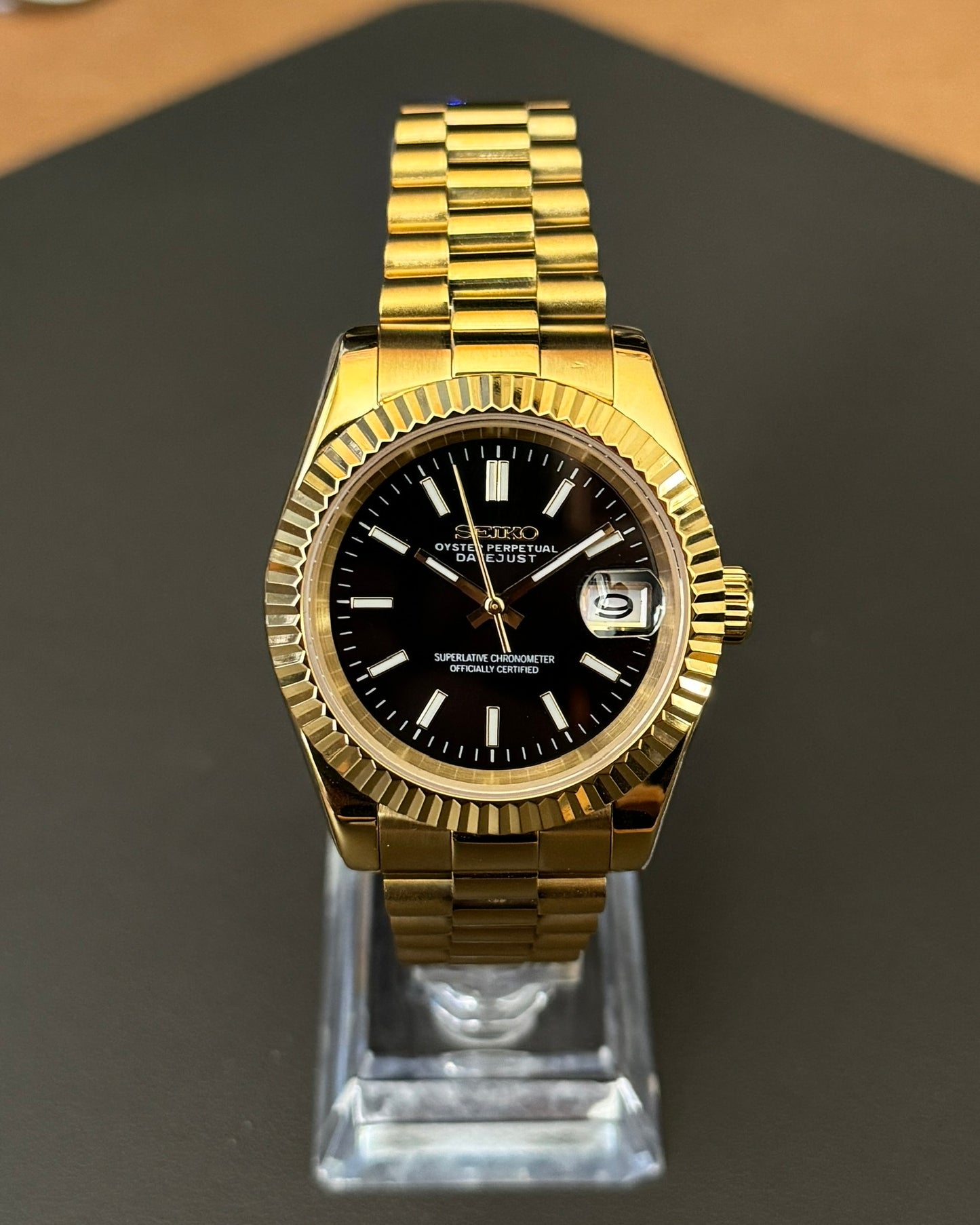 DateJust: Gold Black Dial Stick Markers w/ Presidential Bracelet