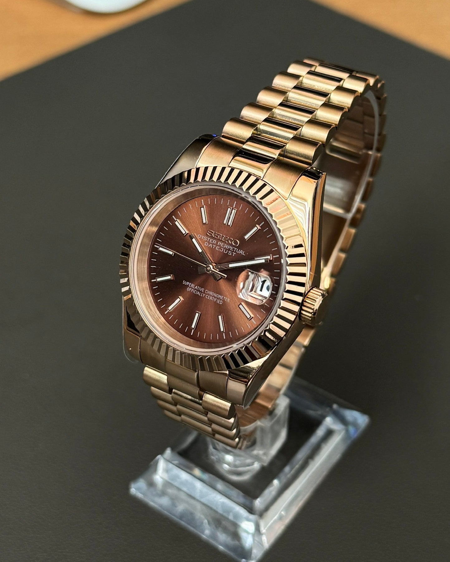 DateJust: Rose Gold Chocolate Dial Stick Markers w/ Presidential Bracelet