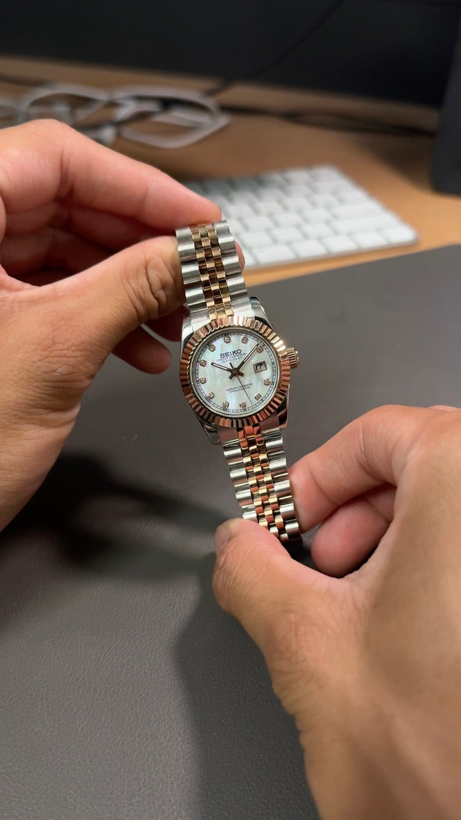 Seiko Mod Lady DateJust: Two-Tone Rose Gold Mother of Pearl Dial Gem Markers w/ Jubilee Bracelet