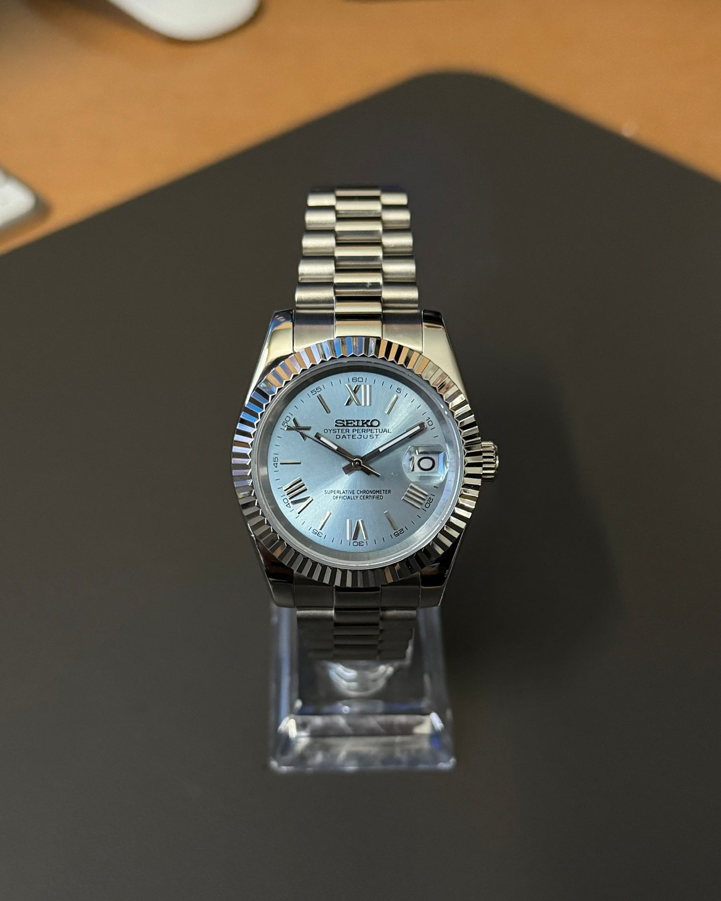 Datejust: Stainless Steel Ice Blue Dial Roman Markers w/ Presidential Bracelet