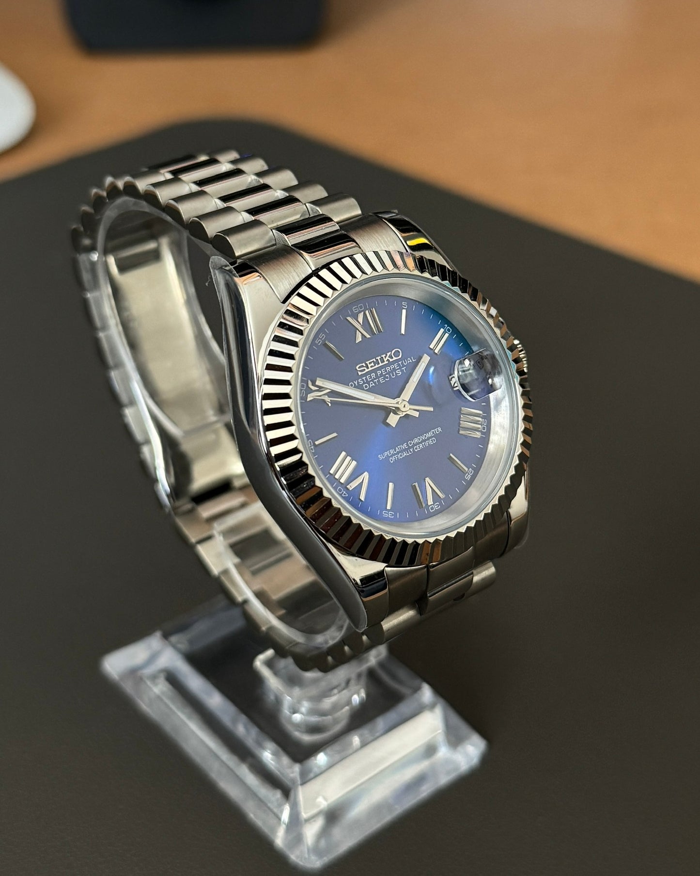 DateJust: Stainless Steel Blue Dial Roman Markers w/ Presidential Bracelet