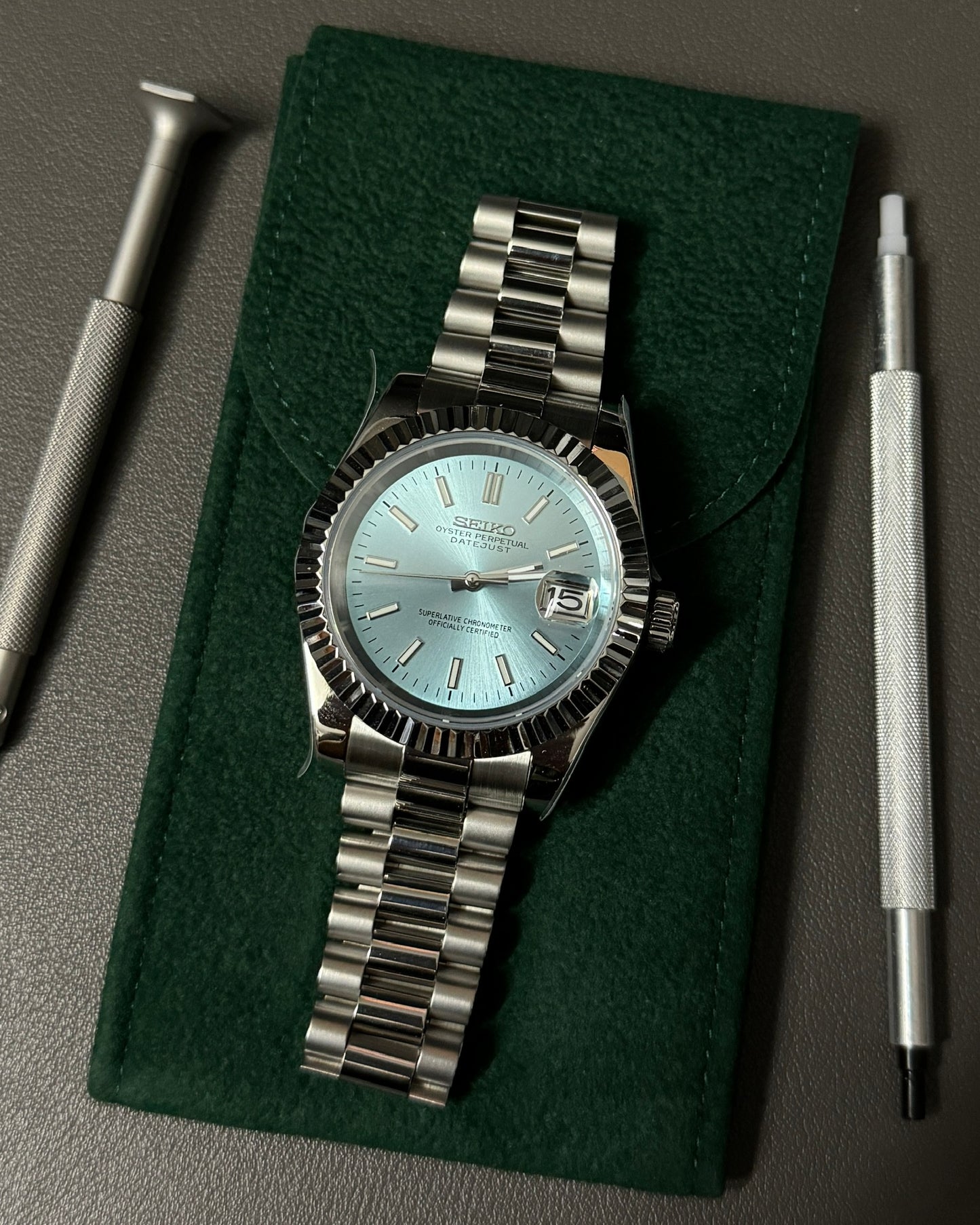 DateJust: Stainless Steel Ice Blue Dial Stick Markers w/ Presidential Bracelet