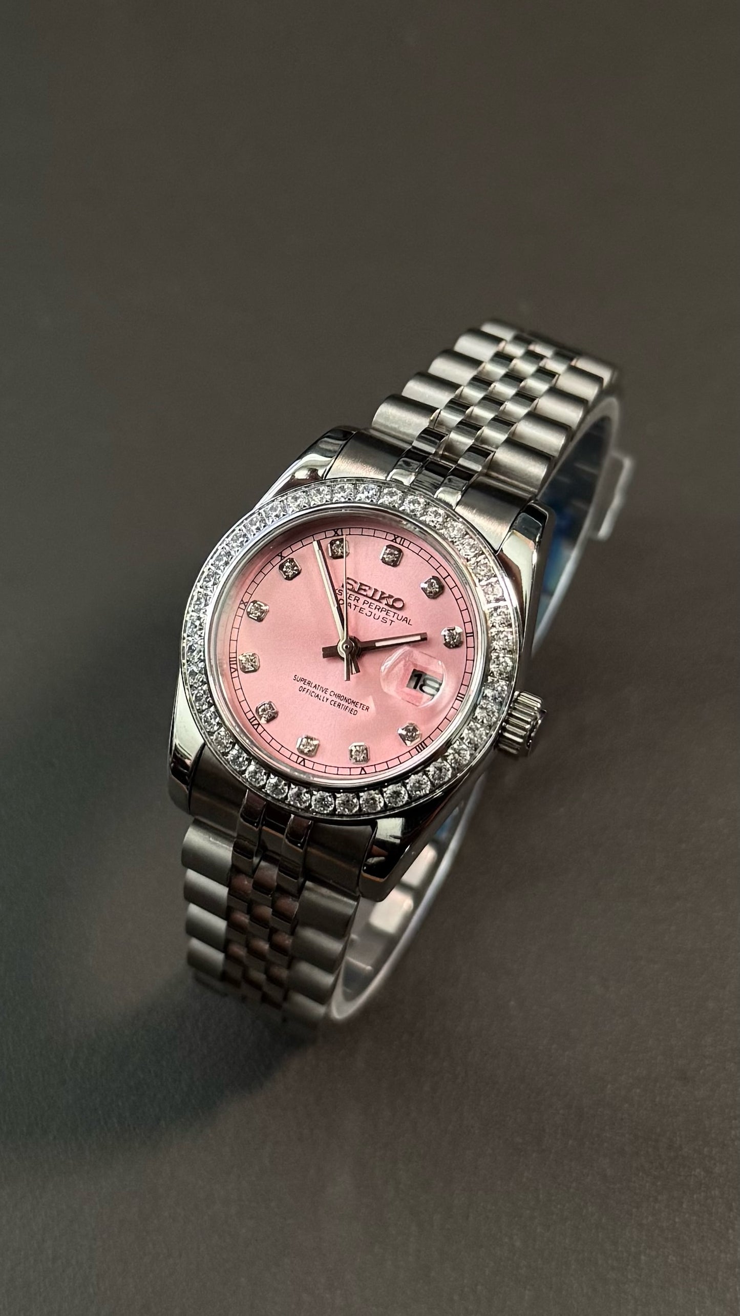 Lady DateJust: Stainless Steel Sunburst Pink Dial Gem Markers w/ Jubilee Bracelet