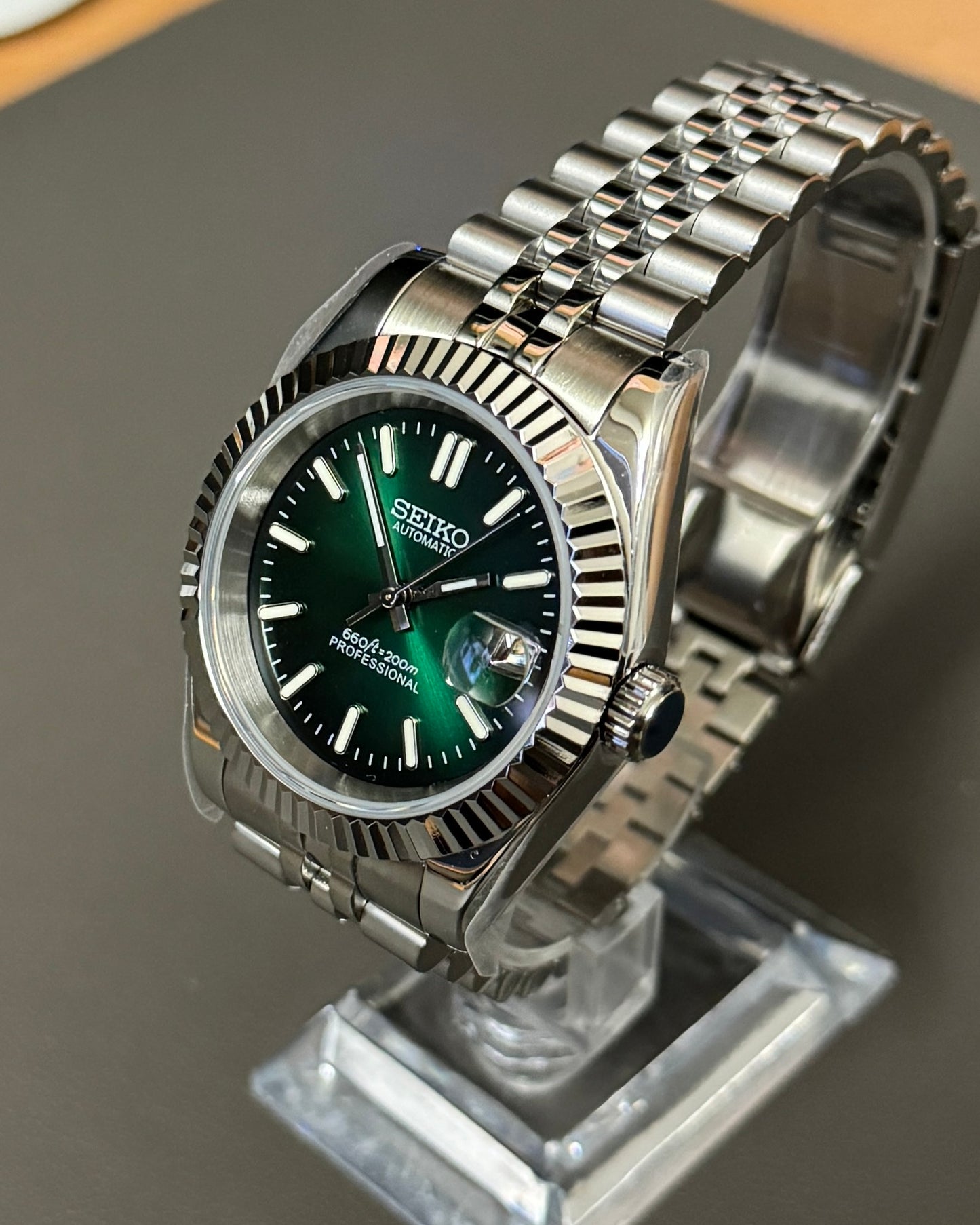 DateJust: Stainless Steel Gradient Green Dial Stick Markers w/ Jubilee Bracelet