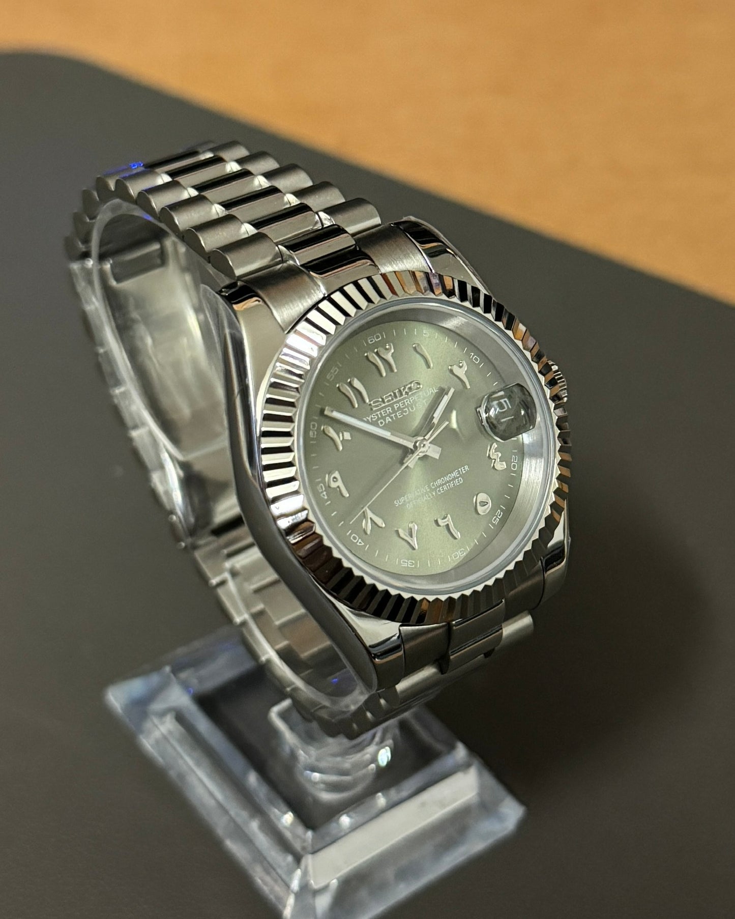 DateJust: Stainless Steel Olive Green Dial Arabic Markers w/ Presidential Bracelet