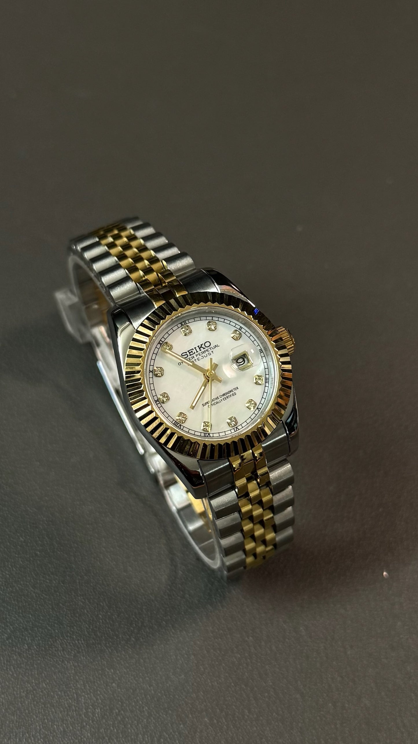 Lady DateJust: Two-Tone Gold Mother of Pearl Dial Gem Markers w/ Jubilee Bracelet