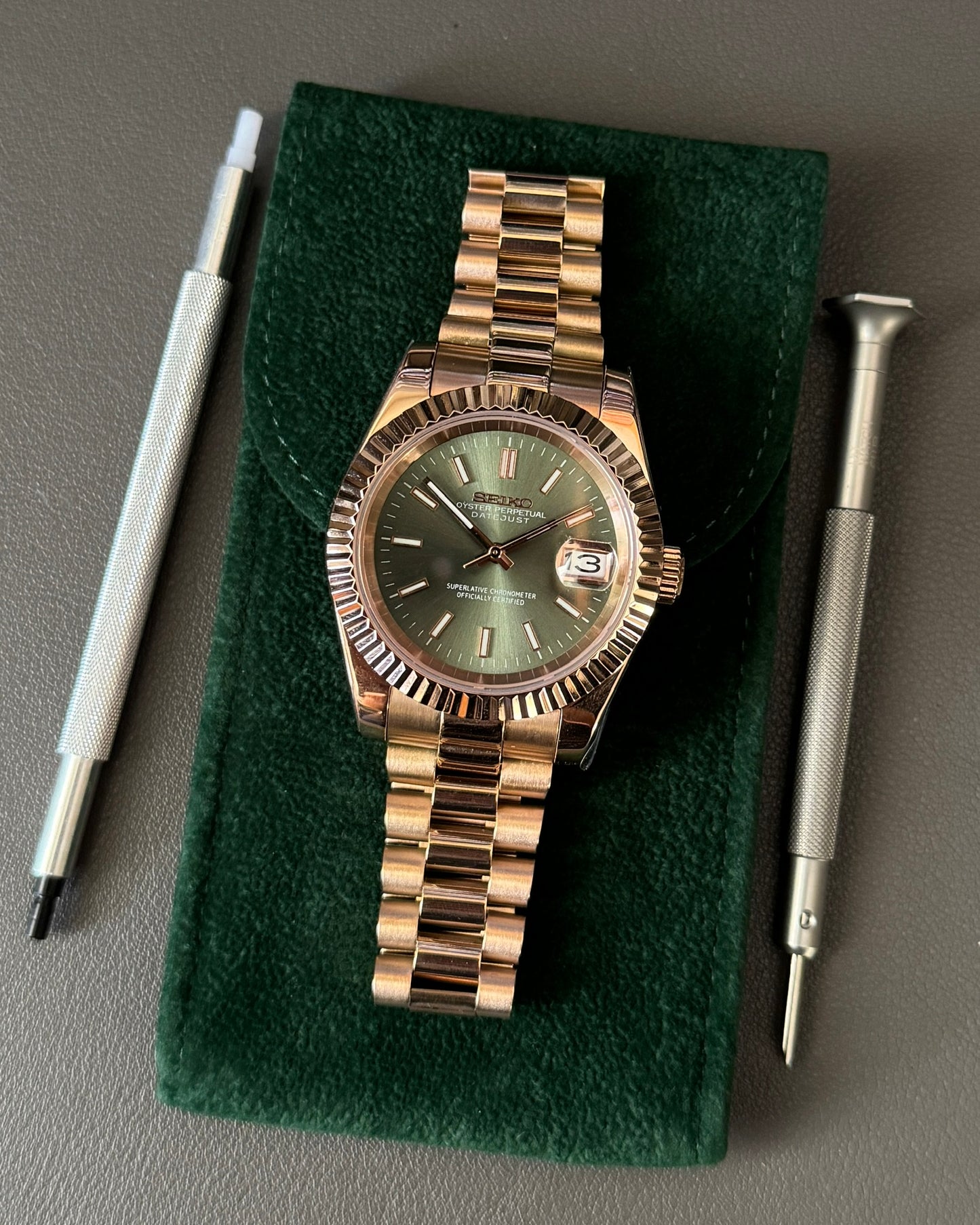 DateJust: Rose Gold Olive Green Dial Stick Markers w/ Presidential Bracelet
