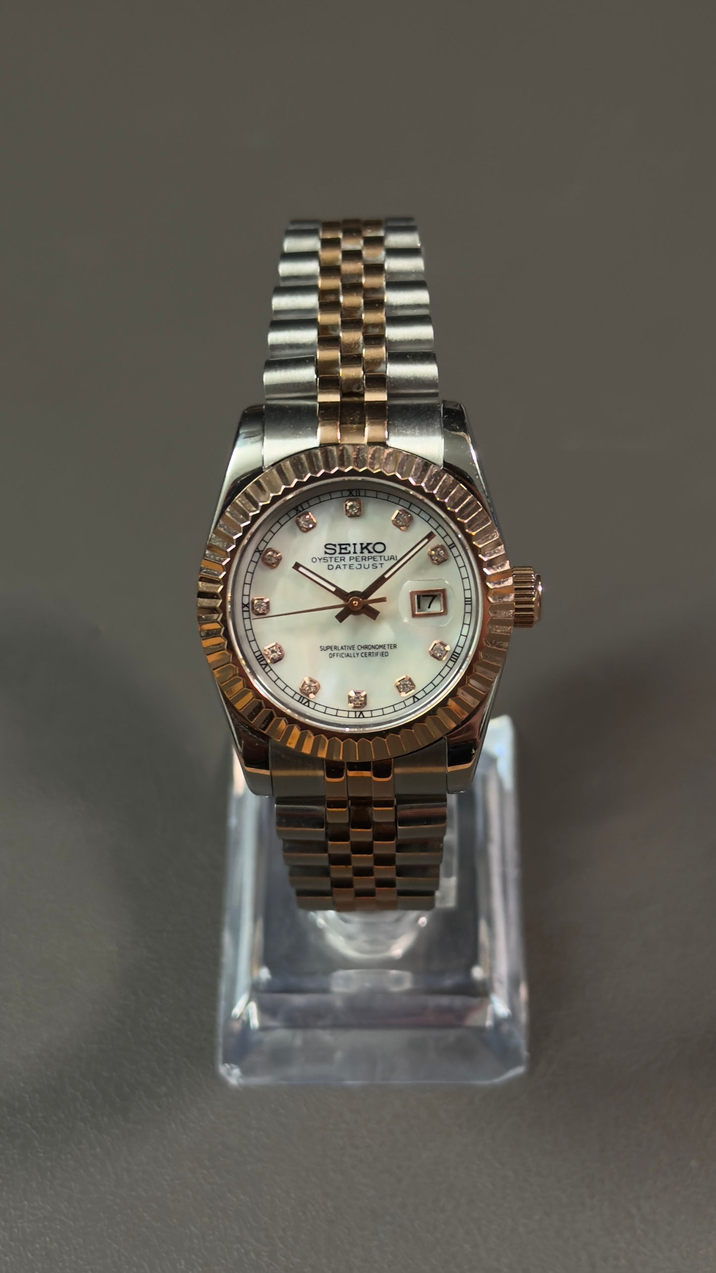 Seiko Mod Lady DateJust: Two-Tone Rose Gold Mother of Pearl Dial Gem Markers w/ Jubilee Bracelet