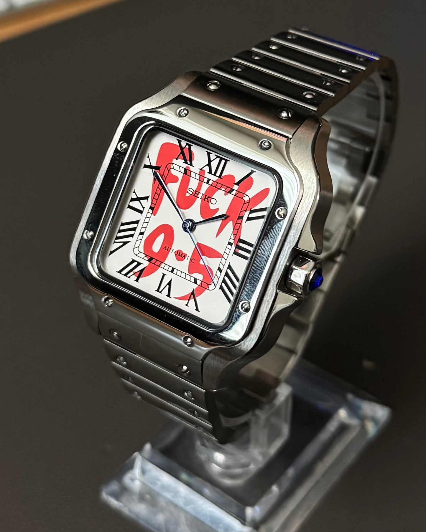 Santos: Stainless Steel White “Fuck 9-5” Dial Roman Markers