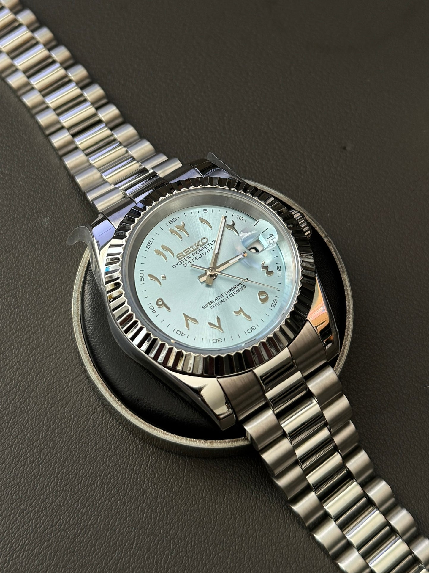DateJust: Stainless Steel Ice Blue Dial Arabic Markers w/ President Bracelet