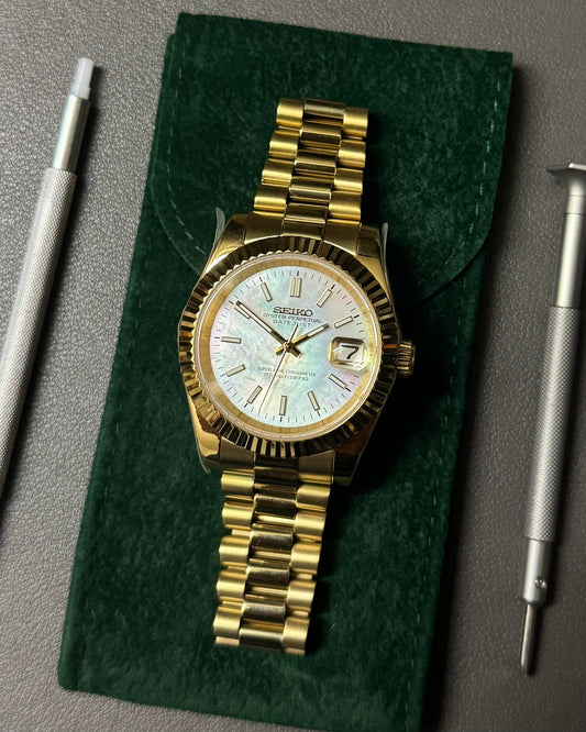 DateJust: Yellow Gold Mother of Pearl Dial Stick Markers w/ Presidential Bracelet