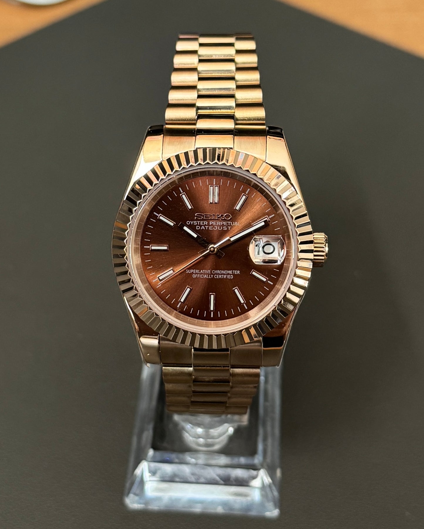 DateJust: Rose Gold Chocolate Dial Stick Markers w/ Presidential Bracelet