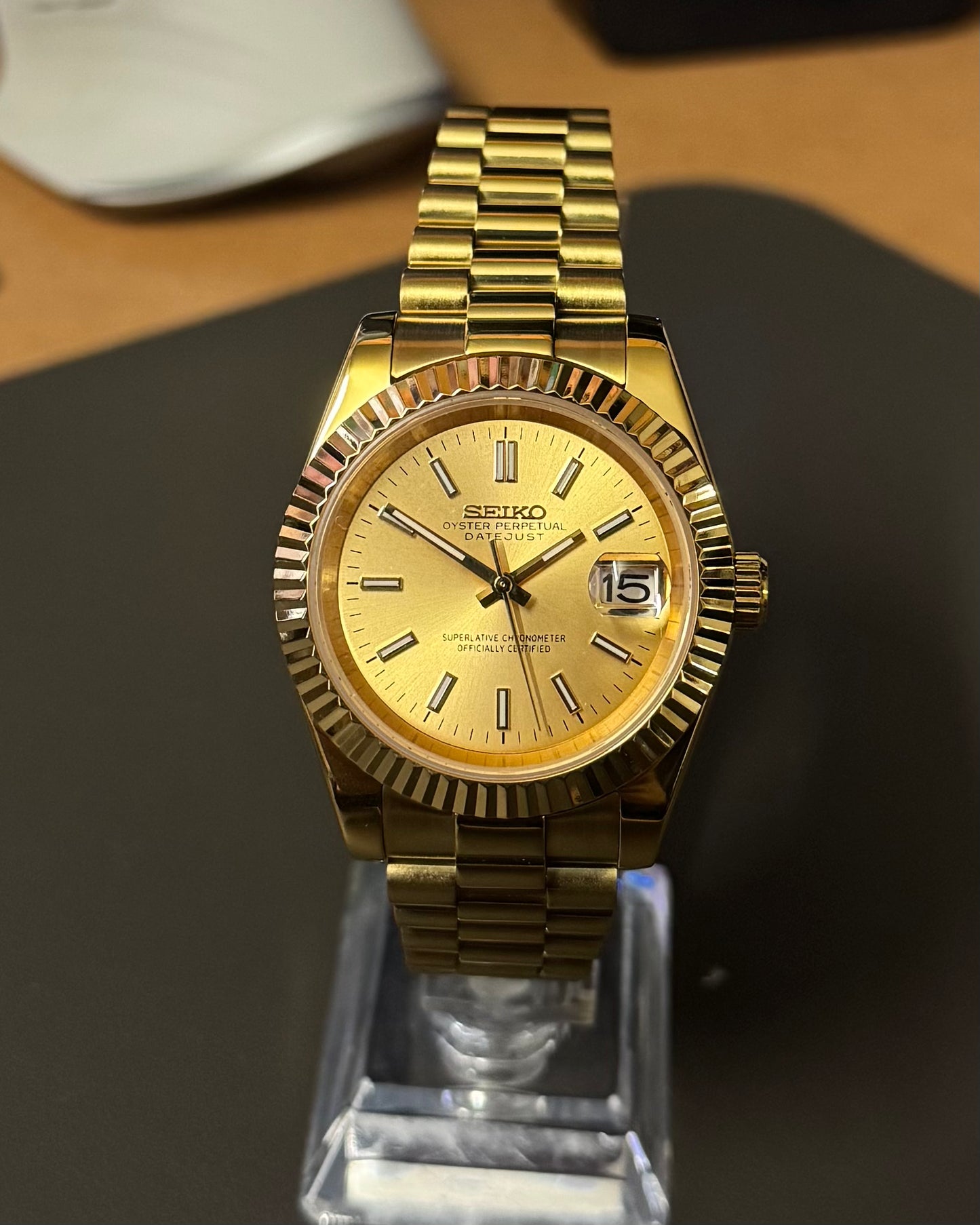 DateJust: Gold Champagne Dial Stick Markers w/ Presidential Bracelet
