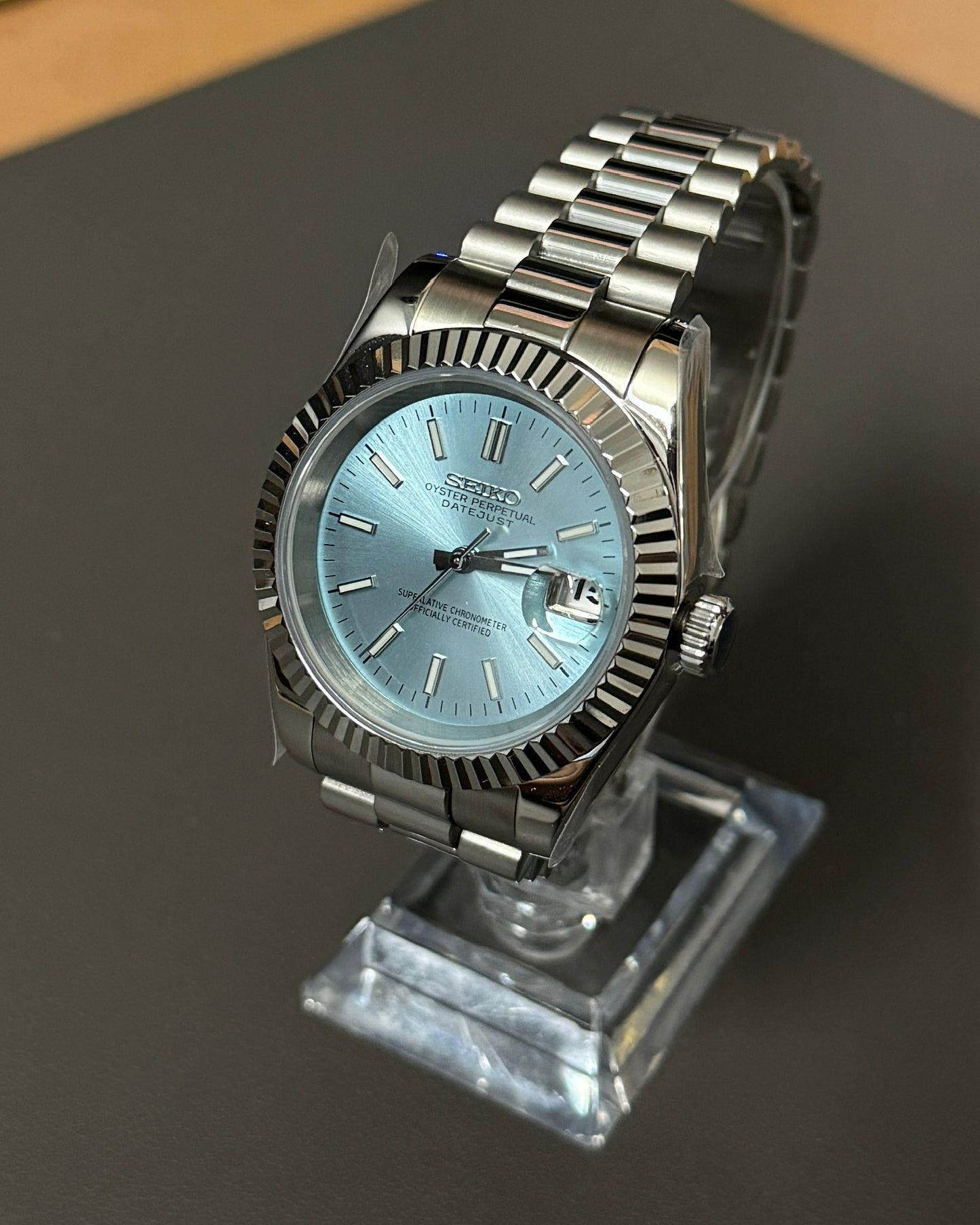DateJust: Stainless Steel Ice Blue Dial Stick Markers w/ Presidential Bracelet