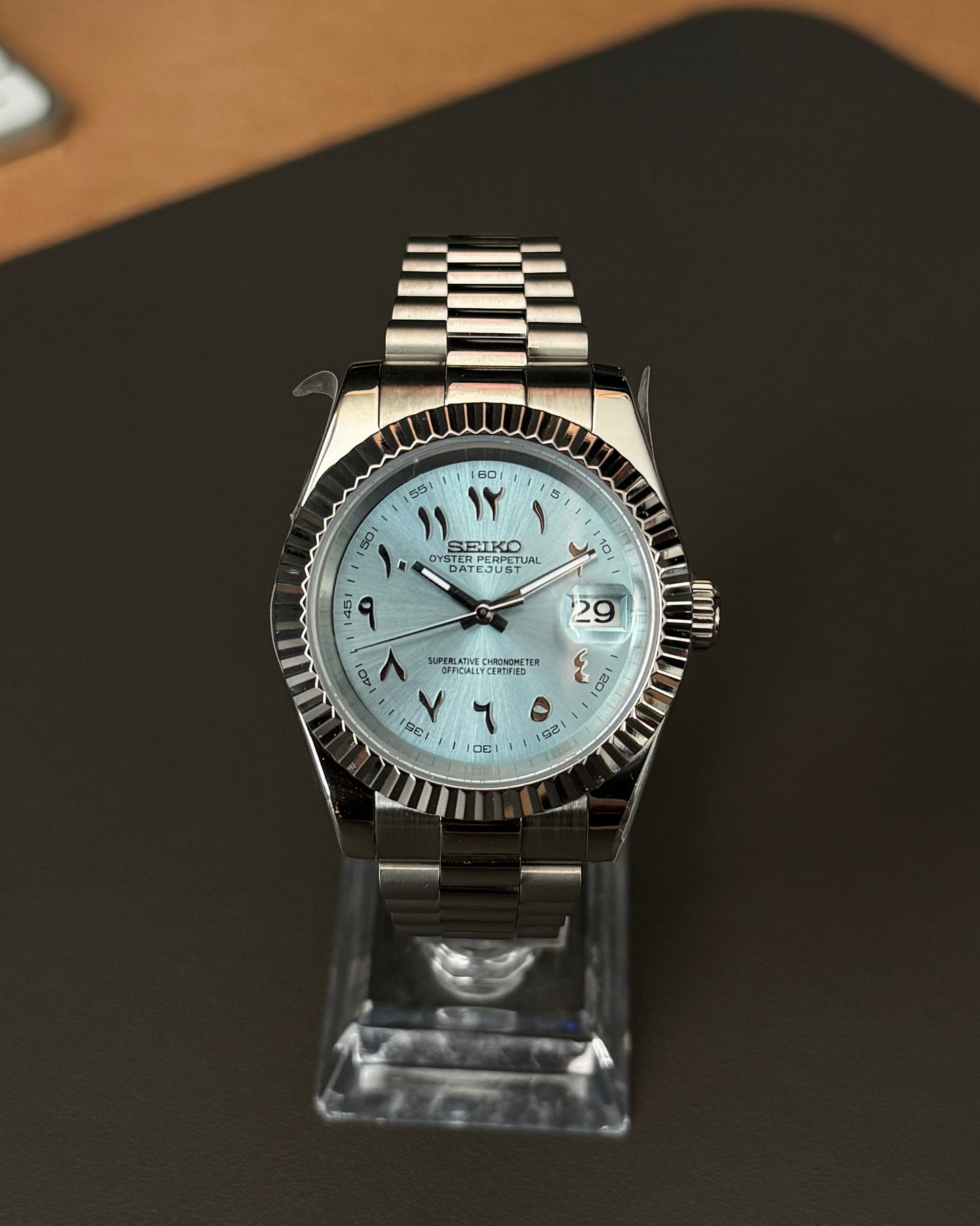 Seiko Mod DateJust: Stainless Steel Ice Blue Dial Arabic Markers w/ President Bracelet