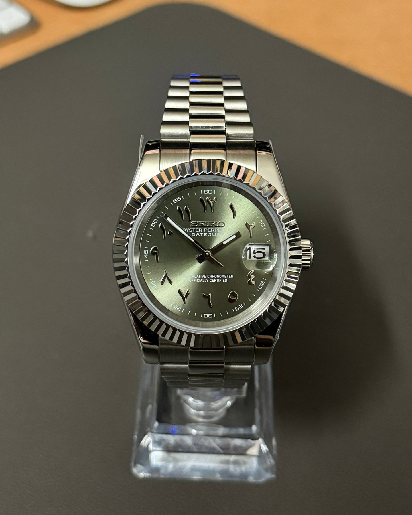 DateJust: Stainless Steel Olive Green Dial Arabic Markers w/ Presidential Bracelet
