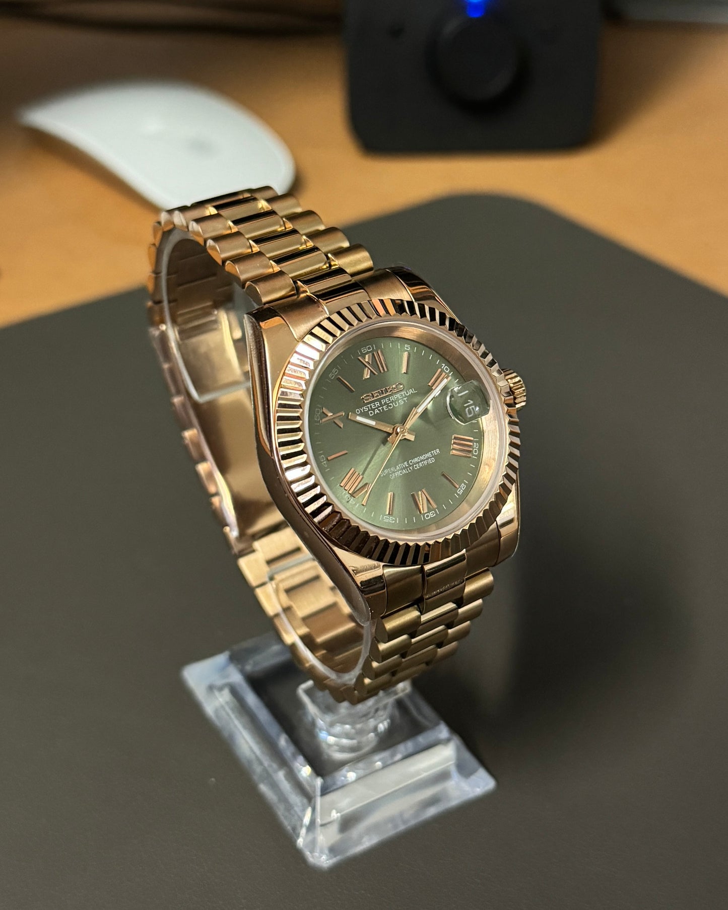 Seiko Mod DateJust: Rose Gold Olive Dial Roman Numeral Markers w/ Presidential Bracelet