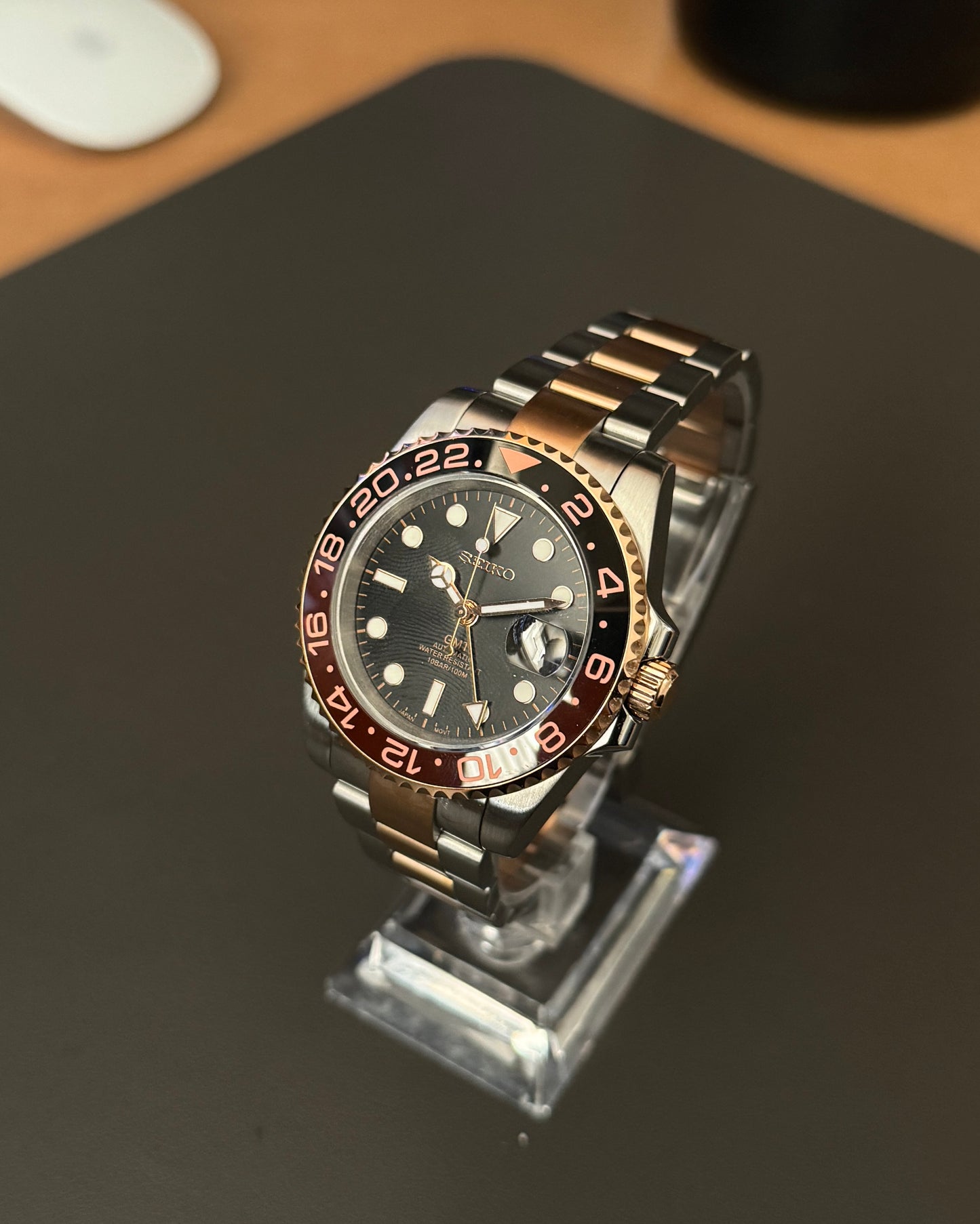 Seiko Mod GMT: Two-Tone Rose Gold Root Beer Rotating Bezel w/ Oyster Bracelet