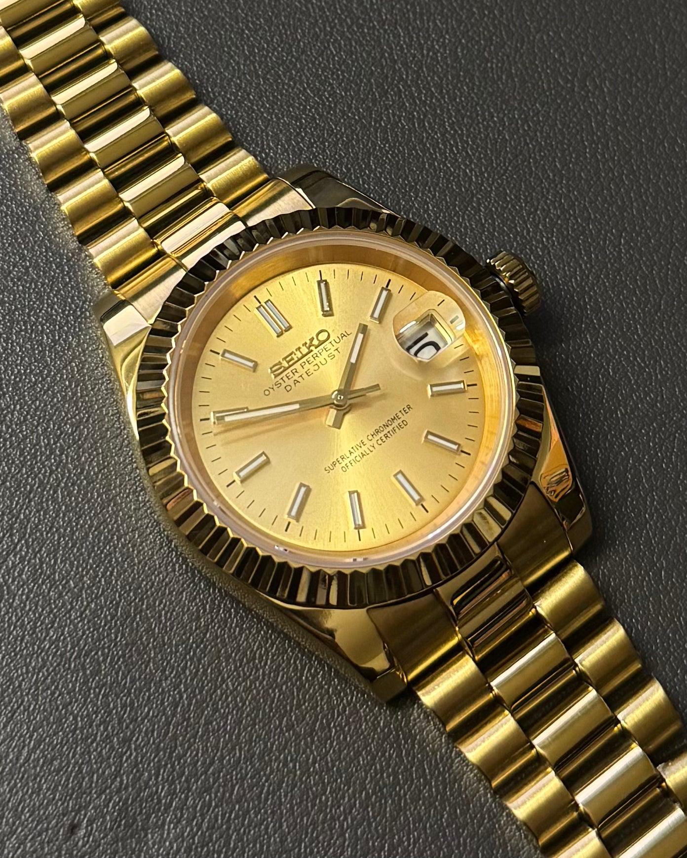 DateJust: Gold Champagne Dial Stick Markers w/ Presidential Bracelet