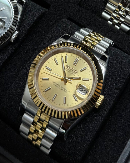Seiko Mod DateJust: Two Tone Gold Champagne Dial Stick Markers w/ Jubilee Bracelet