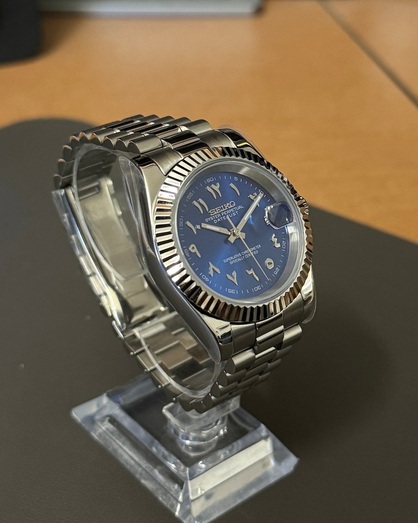 Seiko Mod DateJust: Stainless Steel Blue Dial Arabic Markers w/ Presidential Bracelet