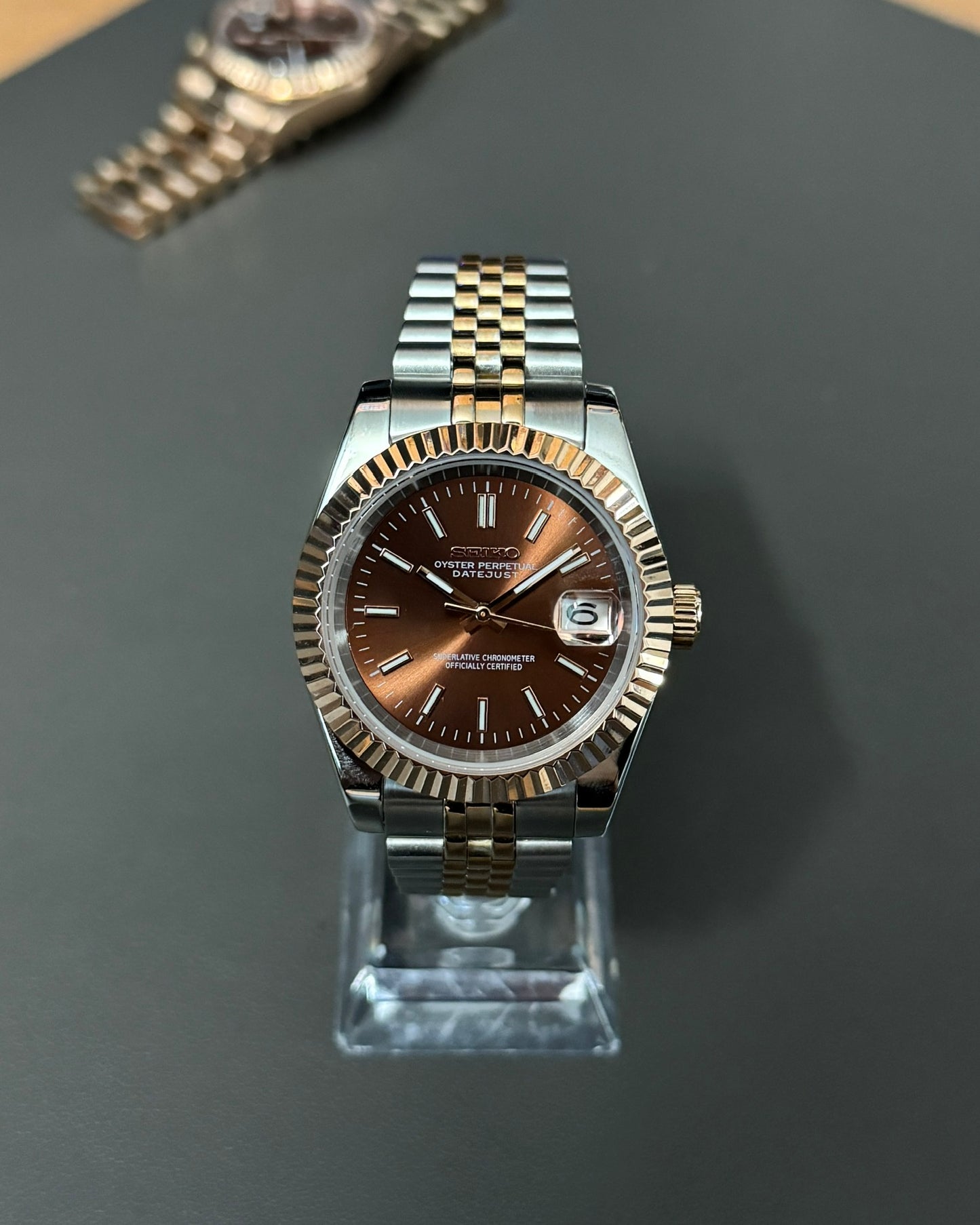 DateJust: Two Tone Rose Gold Chocolate Dial Stick Markers w/ Jubilee Bracelet