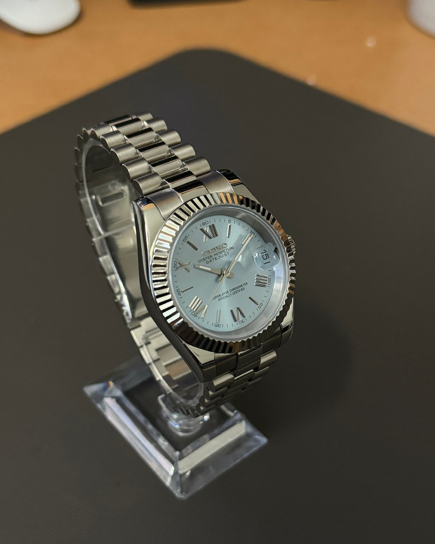 Datejust: Stainless Steel Ice Blue Dial Roman Markers w/ Presidential Bracelet