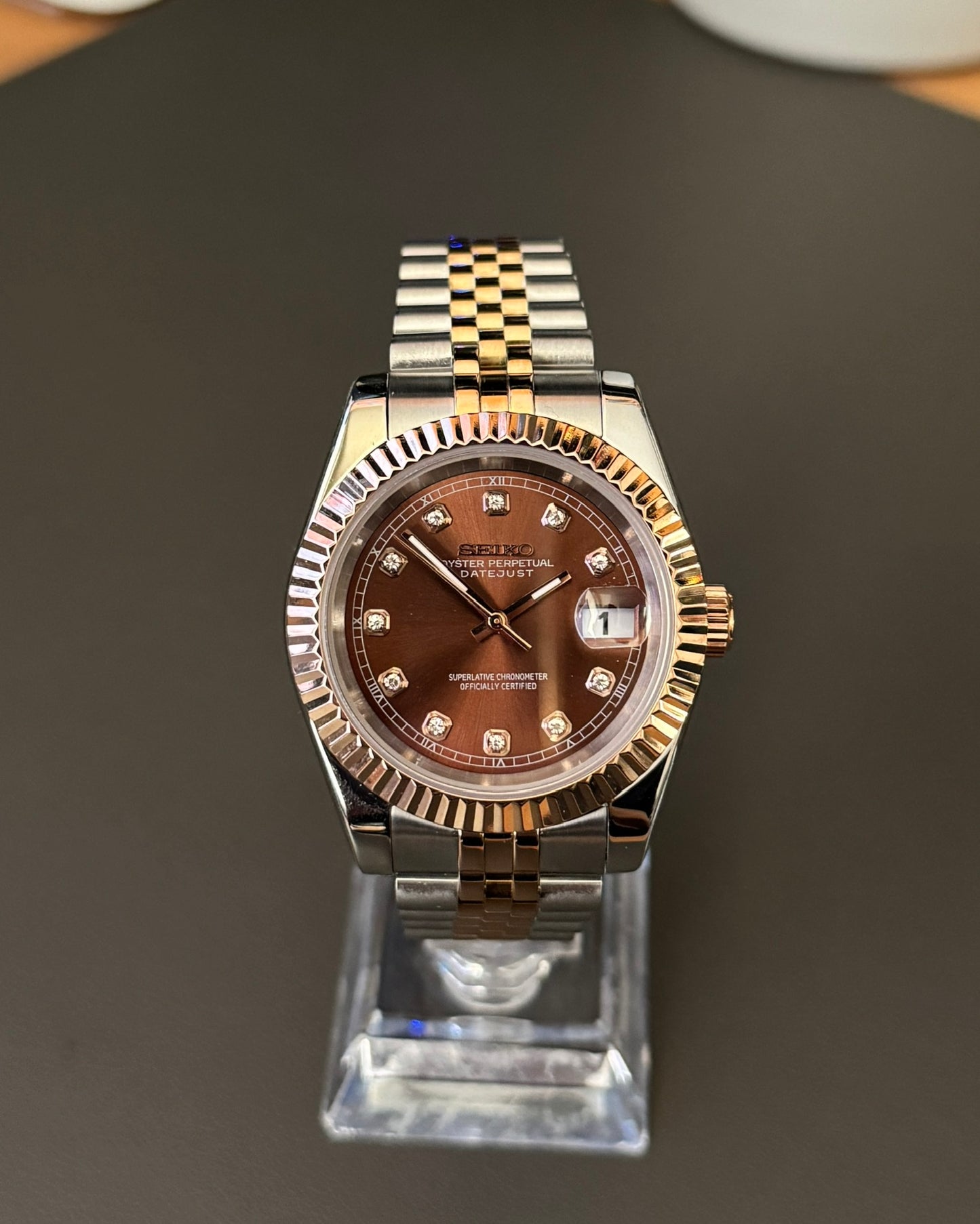 DateJust: Two Tone Rose Gold Chocolate Dial Gem Markers w/ Jubilee Bracelet