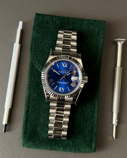 DateJust: Stainless Steel Blue Dial Roman Markers w/ Presidential Bracelet