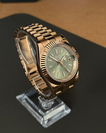 DateJust: Rose Gold Olive Green Dial Stick Markers w/ Presidential Bracelet