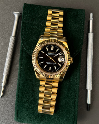 DateJust: Gold Black Dial Stick Markers w/ Presidential Bracelet