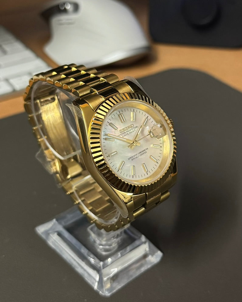 Seiko Mod DateJust: Yellow Gold Mother of Pearl Dial Stick Markers w/ Presidential Bracelet