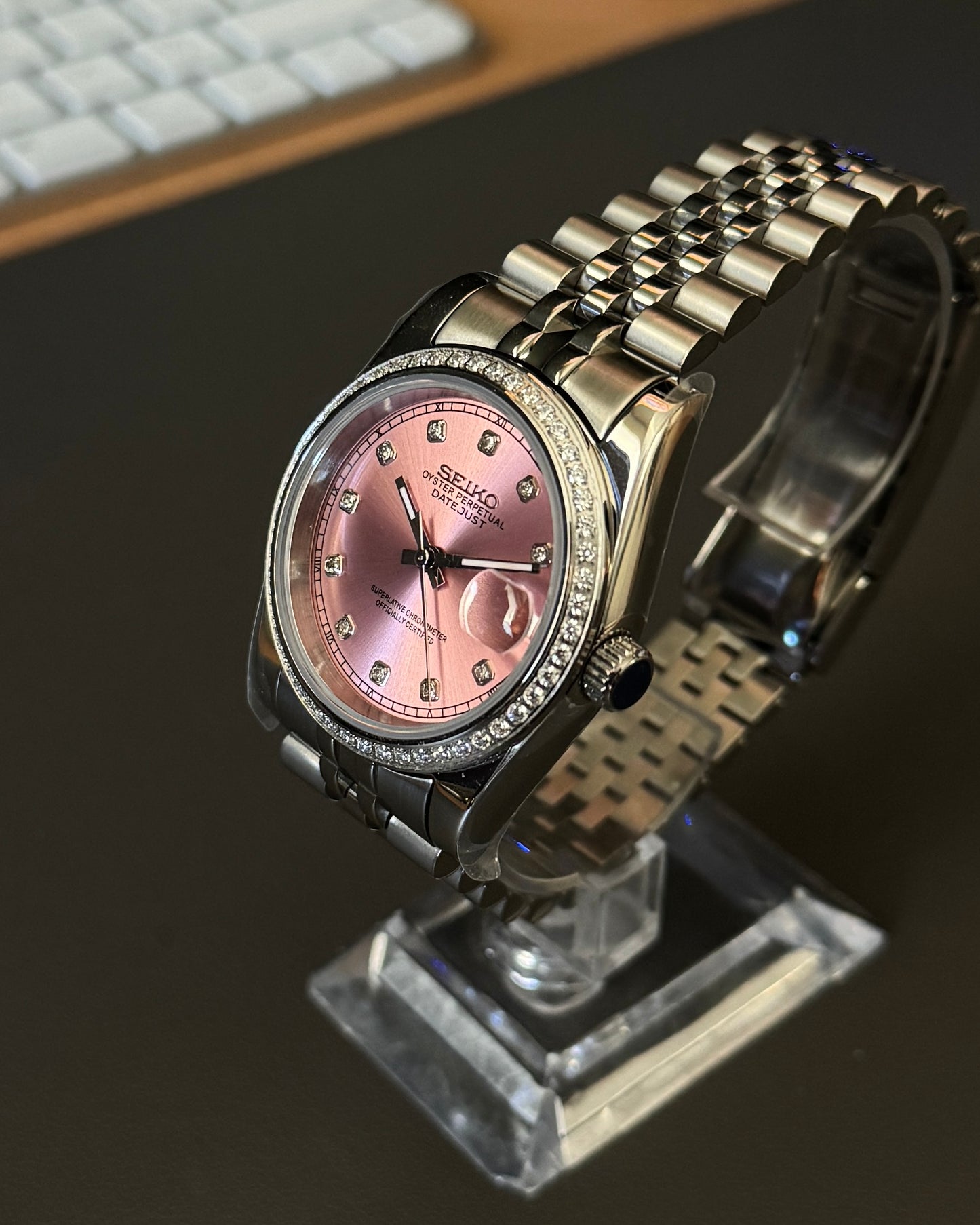 Seiko Mod DateJust: Stainless Steel Sunburst Pink Dial Gem Markers w/ Jubilee Bracelet