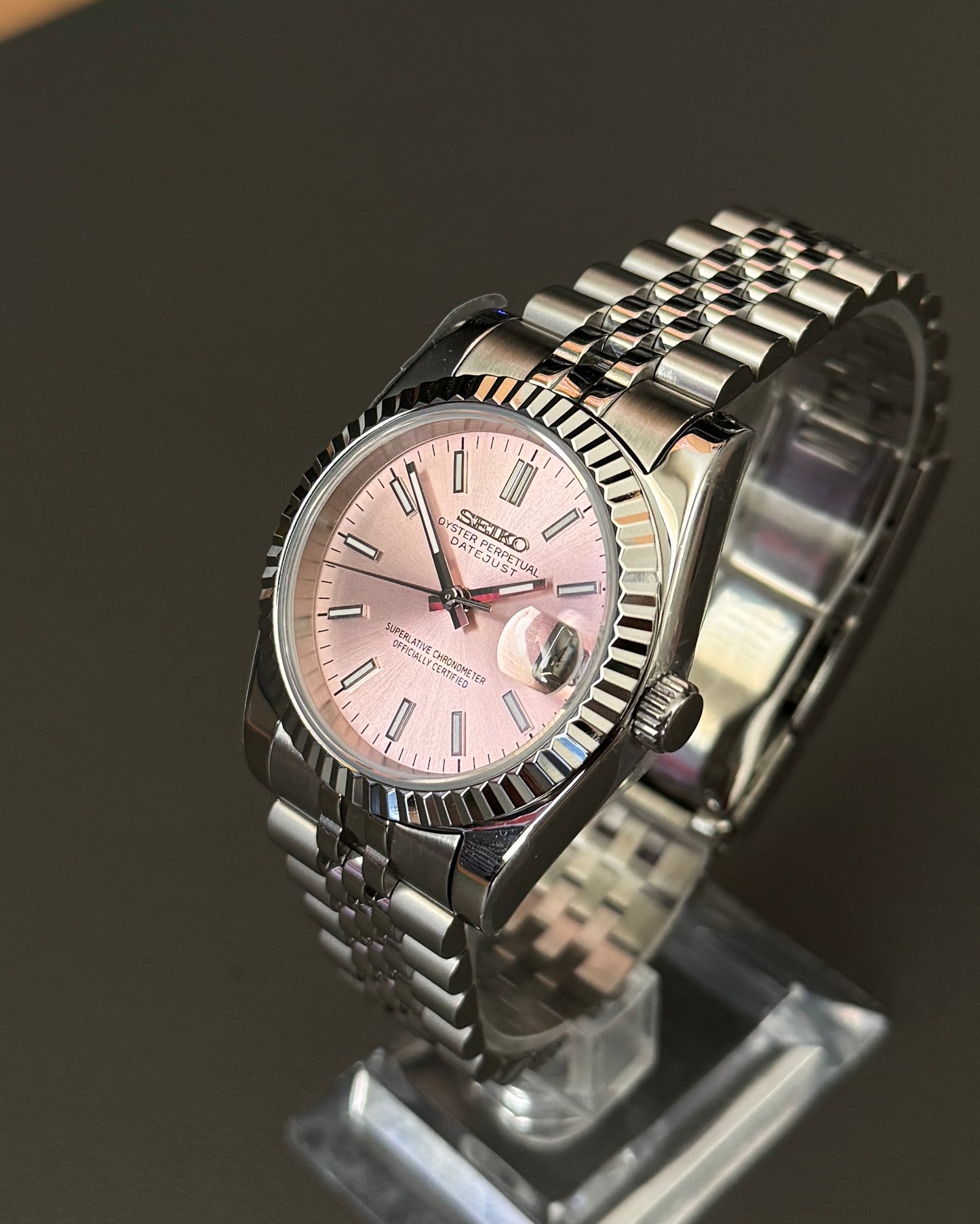 Seiko Mod DateJust: Stainless Steel Salmon Pink Dial Stick Markers w/ Jubilee Bracelet