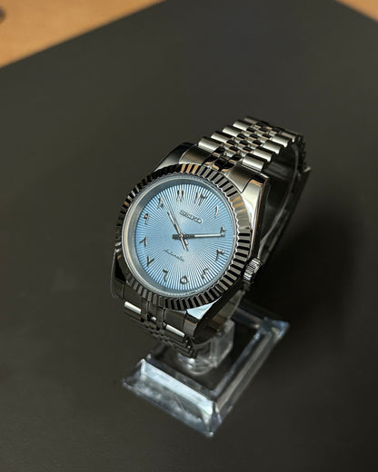 Seiko Mod DateJust: Stainless Steel Ice Blue Arabic marker Dial on Jubilee Bracelet